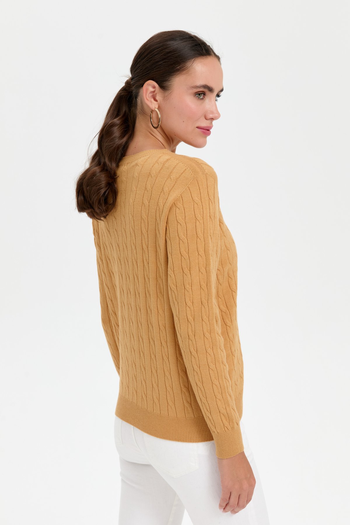 23329Kadın Sıfır Yaka Saç Örgülü Kazak Camel