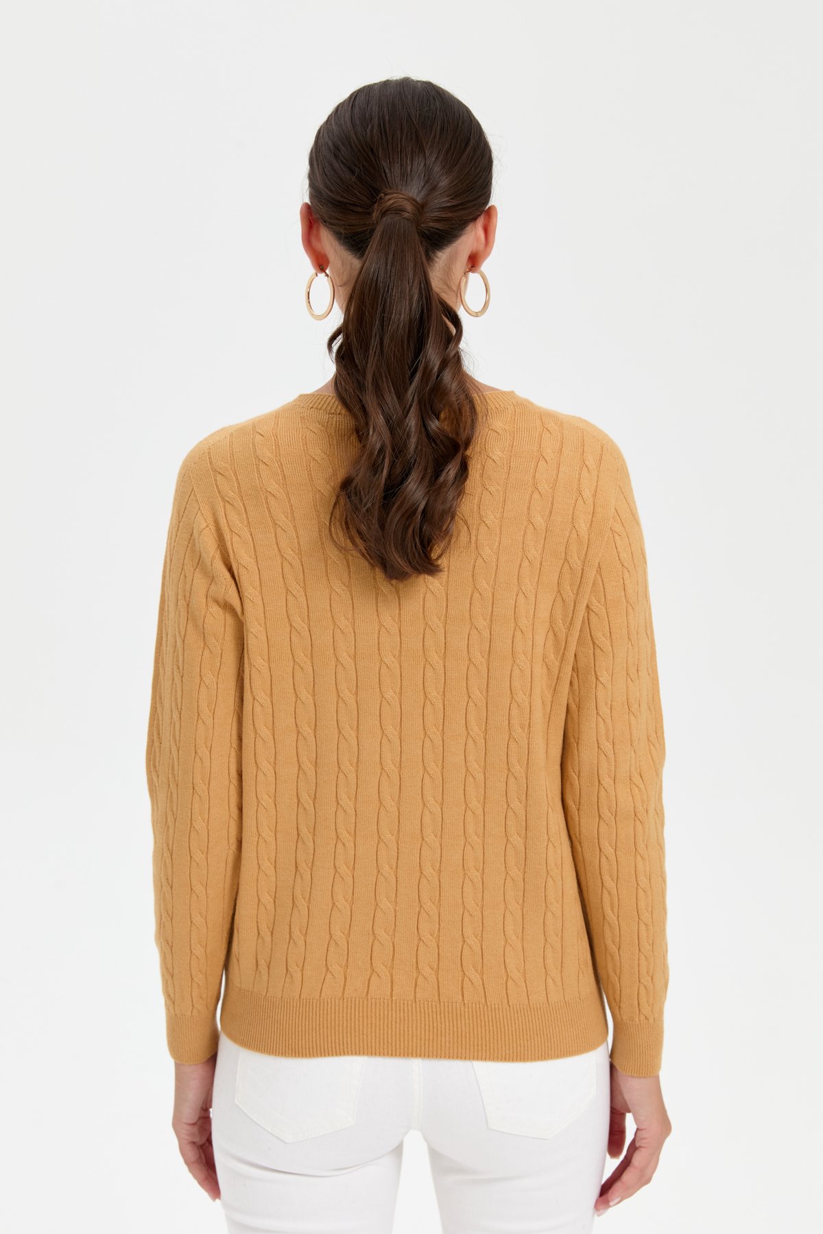 23329Kadın Sıfır Yaka Saç Örgülü Kazak Camel