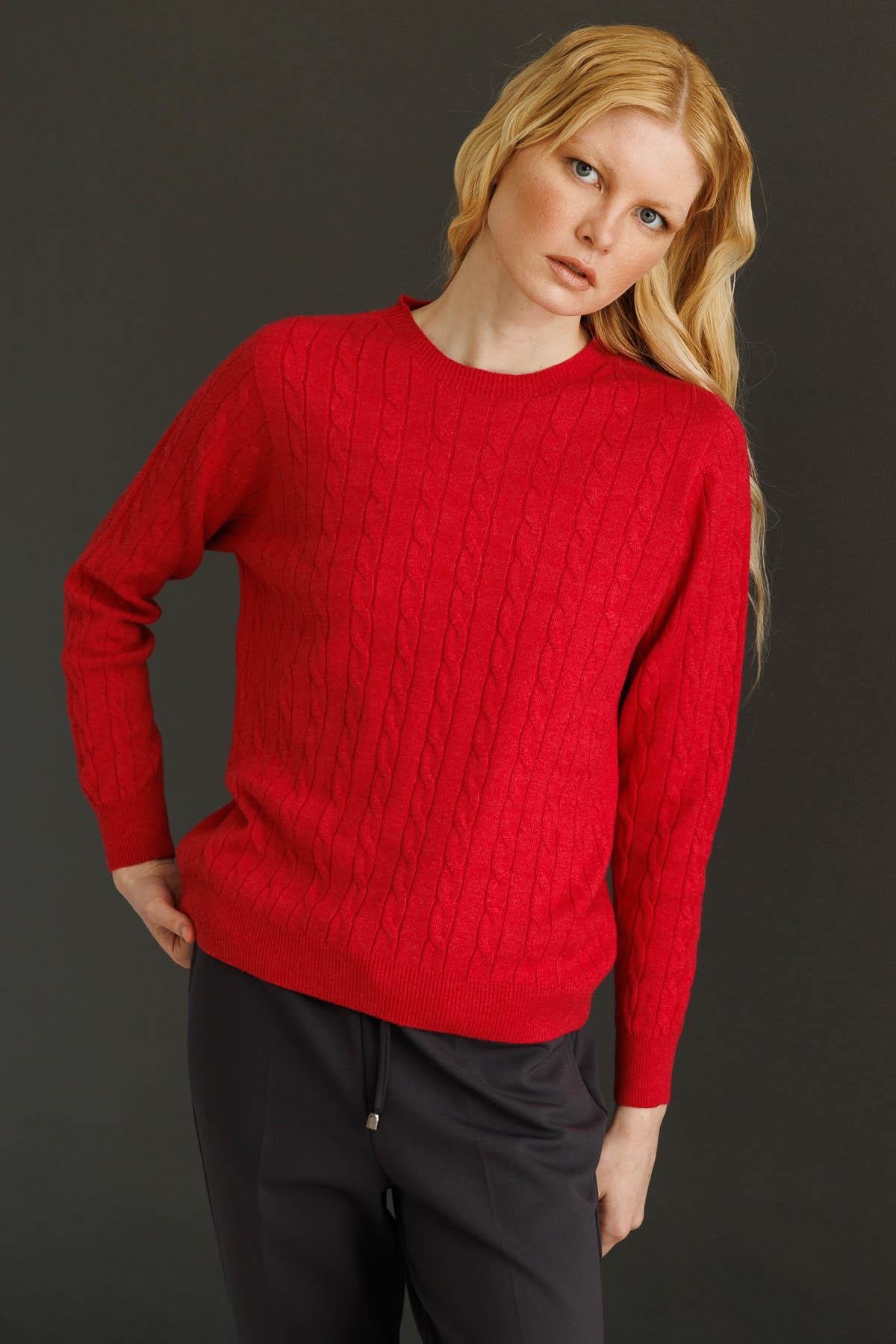 23329Kadın Sıfır Yaka Saç Örgülü Kazak Kırmızı