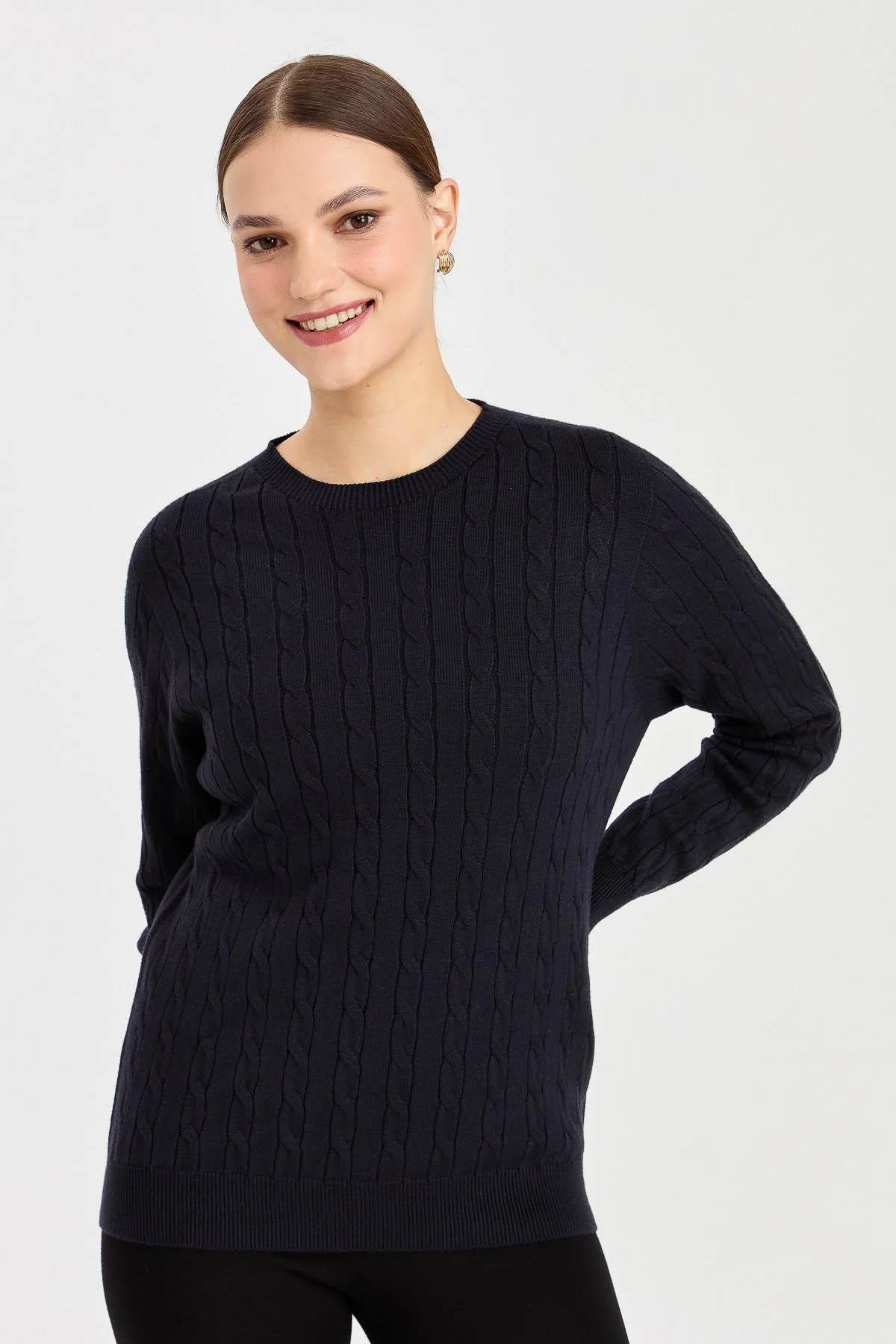 23329Kadın Sıfır Yaka Saç Örgülü Kazak K.Lacivert