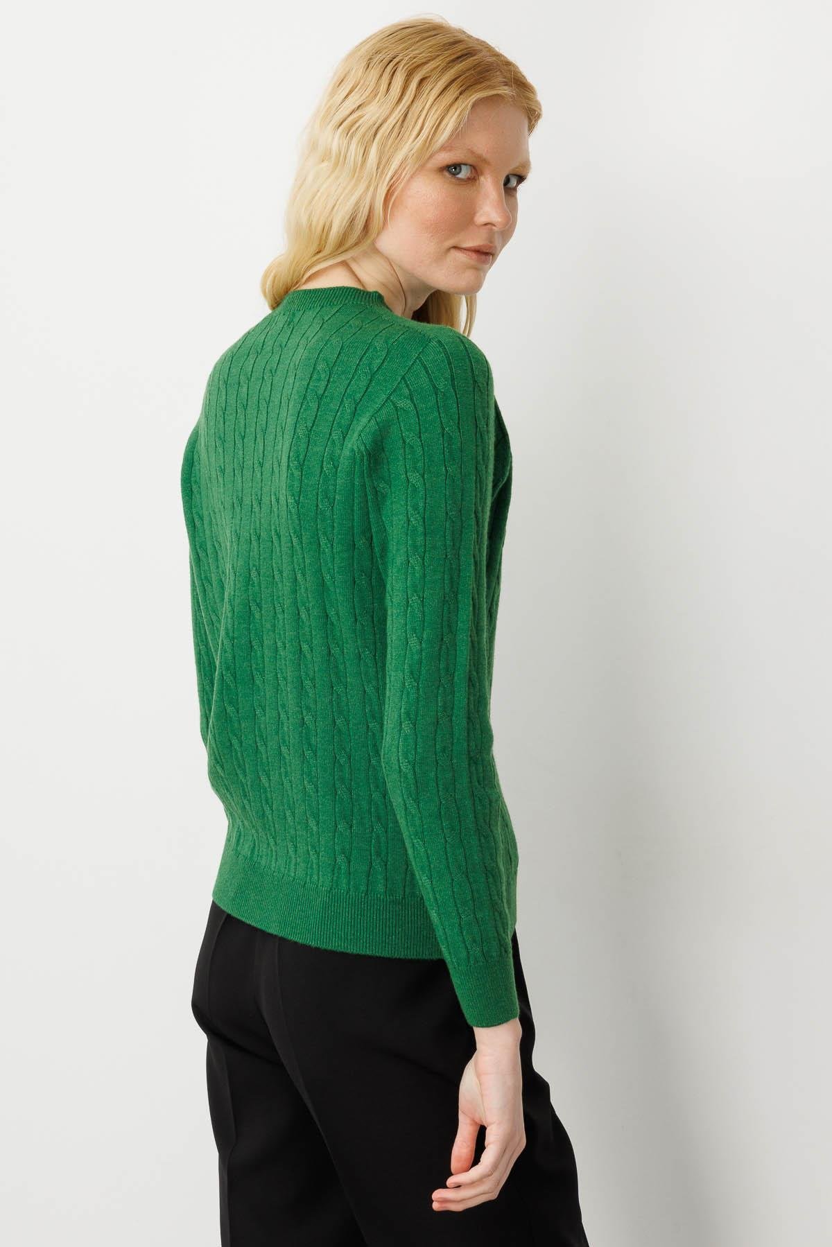 23329Kadın Sıfır Yaka Saç Örgülü Kazak K.Yosun