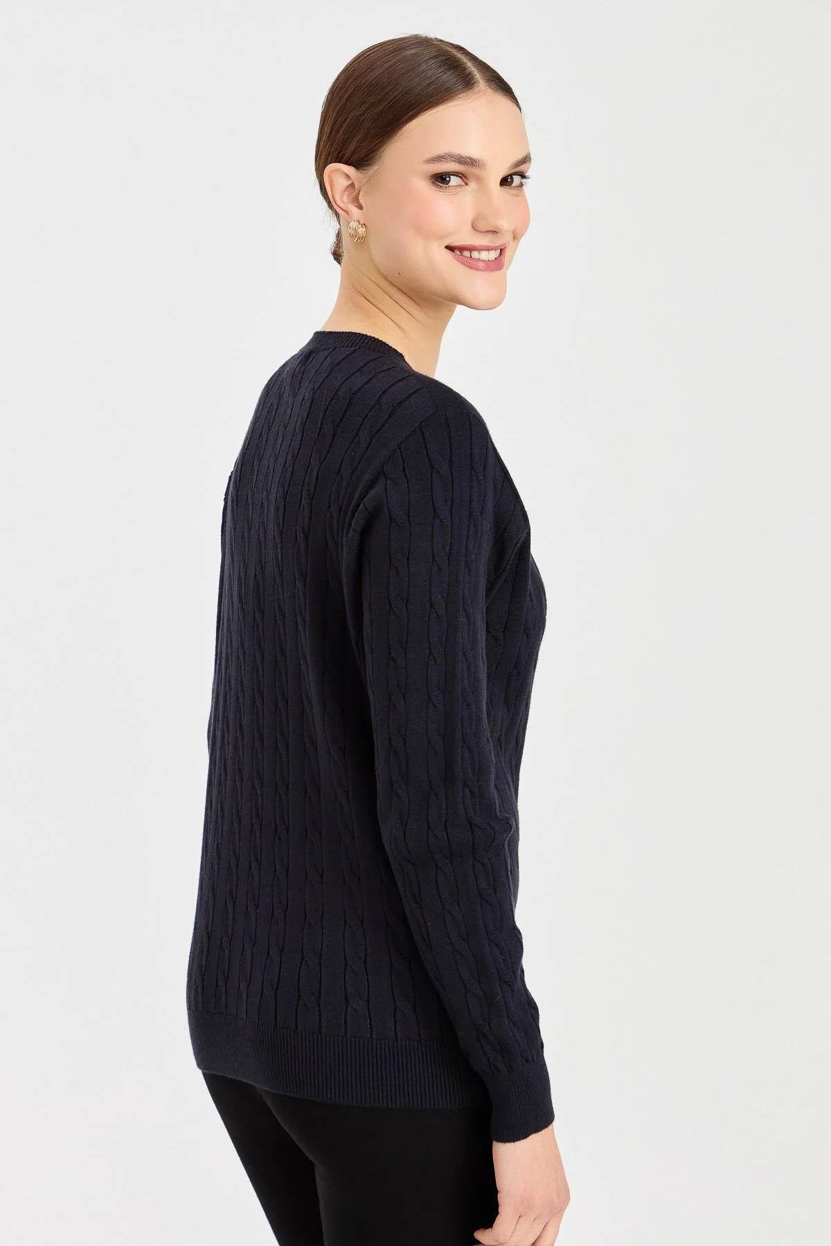 23329Kadın Sıfır Yaka Saç Örgülü Kazak K.Lacivert