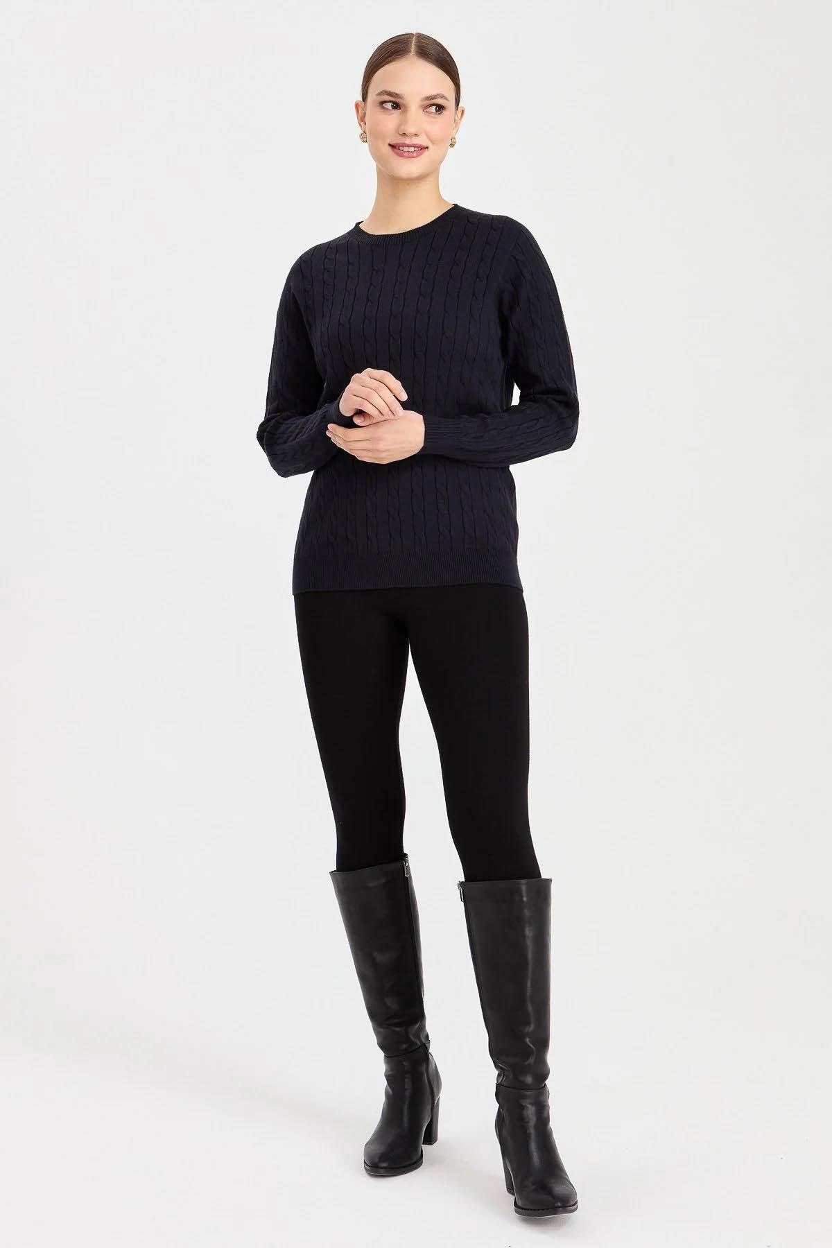 23329Kadın Sıfır Yaka Saç Örgülü Kazak K.Lacivert