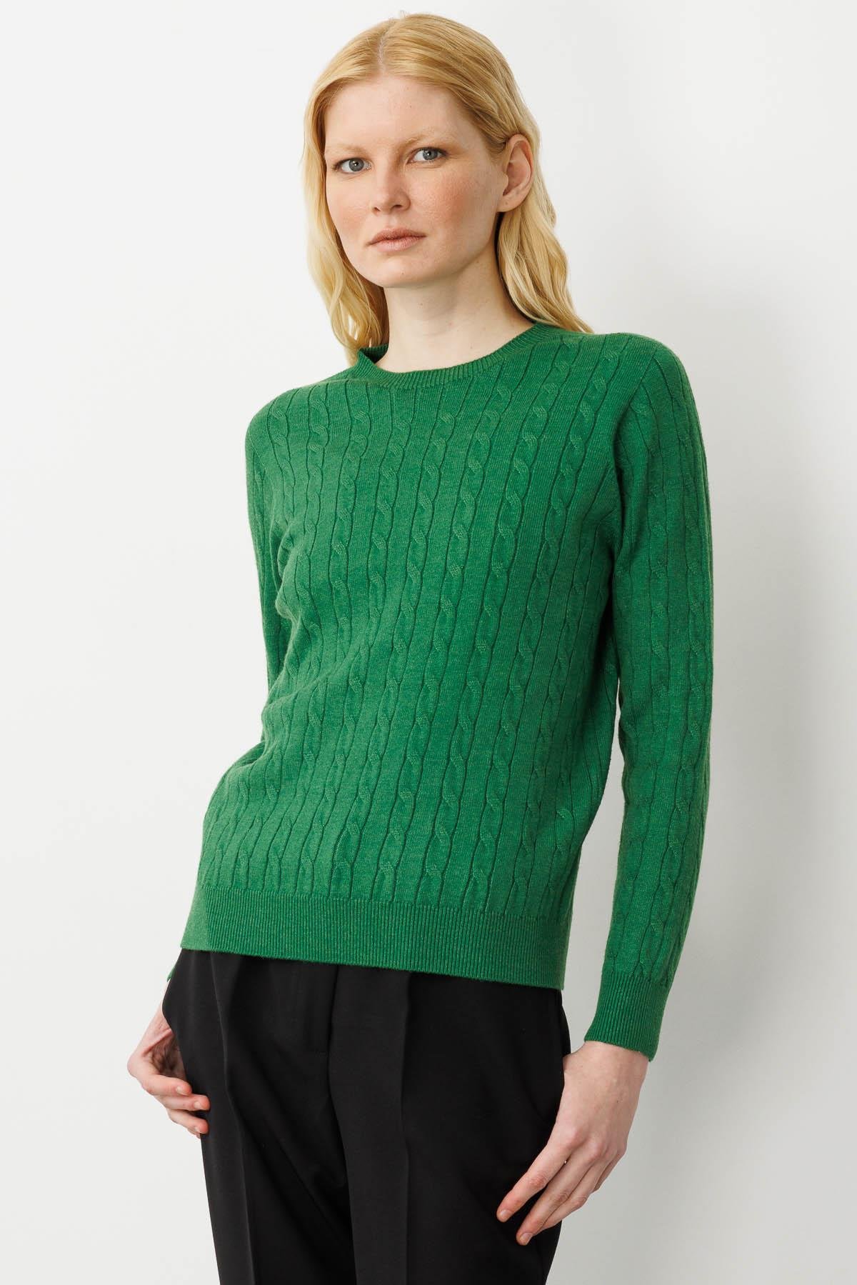 23329Kadın Sıfır Yaka Saç Örgülü Kazak K.Yosun