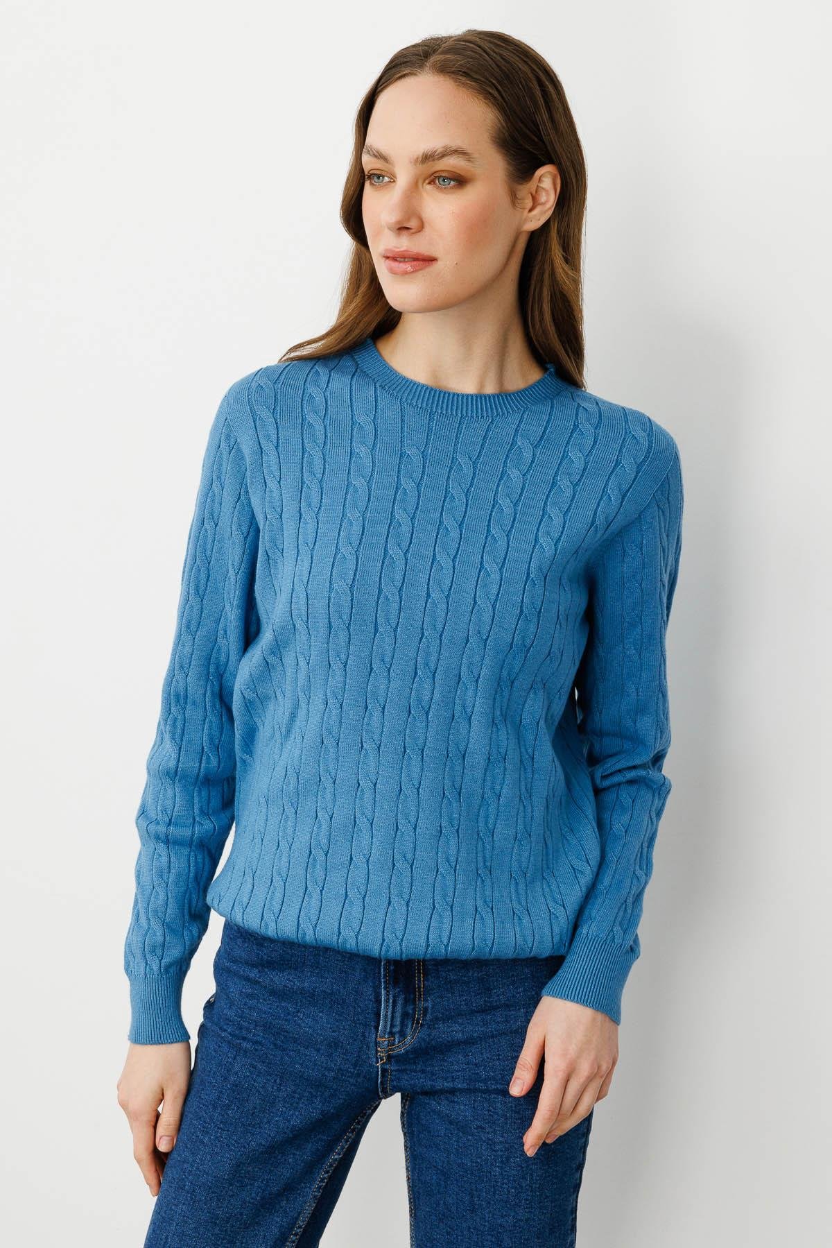 23329Kadın Sıfır Yaka Saç Örgülü Kazak Mavi