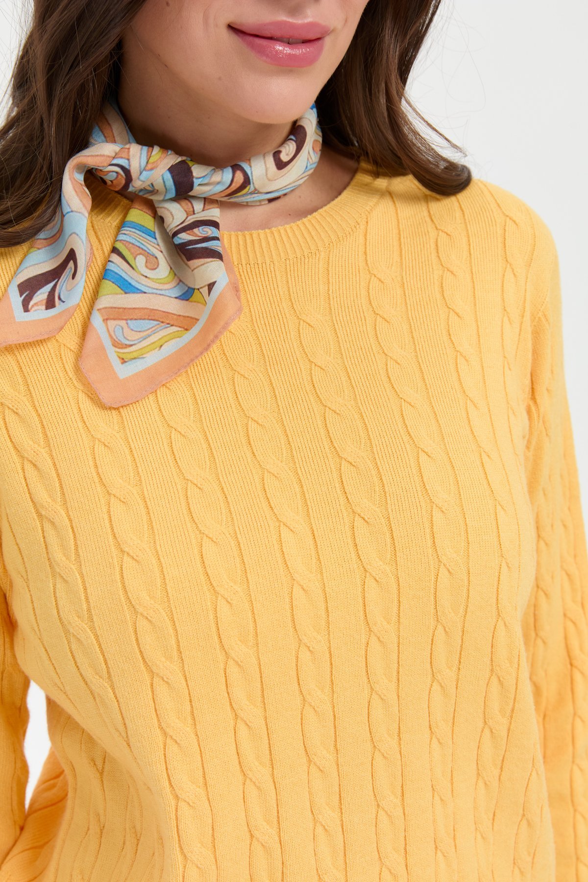 23329Kadın Sıfır Yaka Saç Örgülü Kazak Sarı