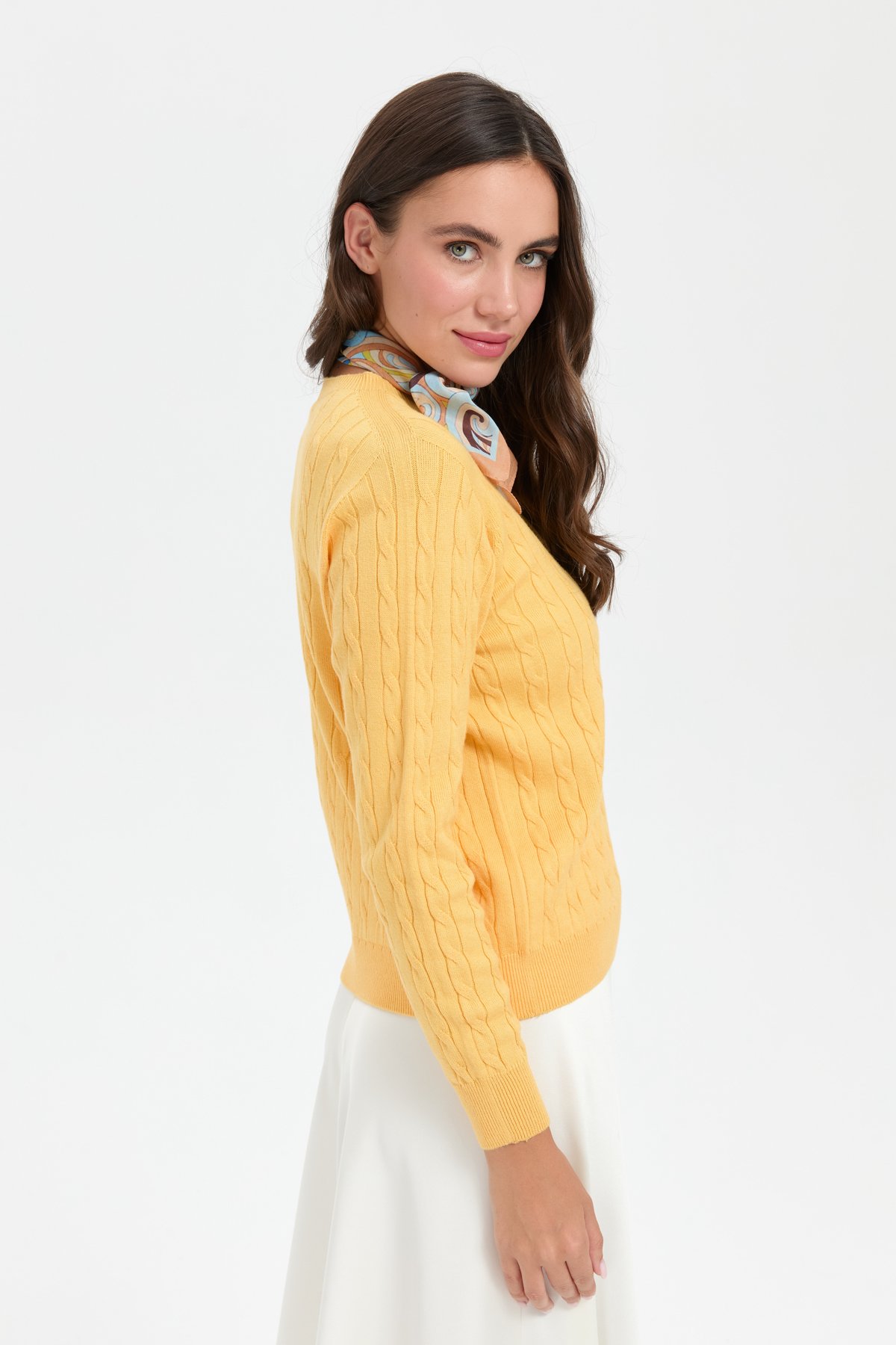 23329Kadın Sıfır Yaka Saç Örgülü Kazak Sarı