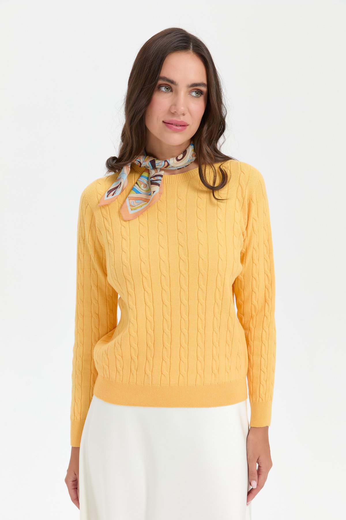 23329Kadın Sıfır Yaka Saç Örgülü Kazak Sarı