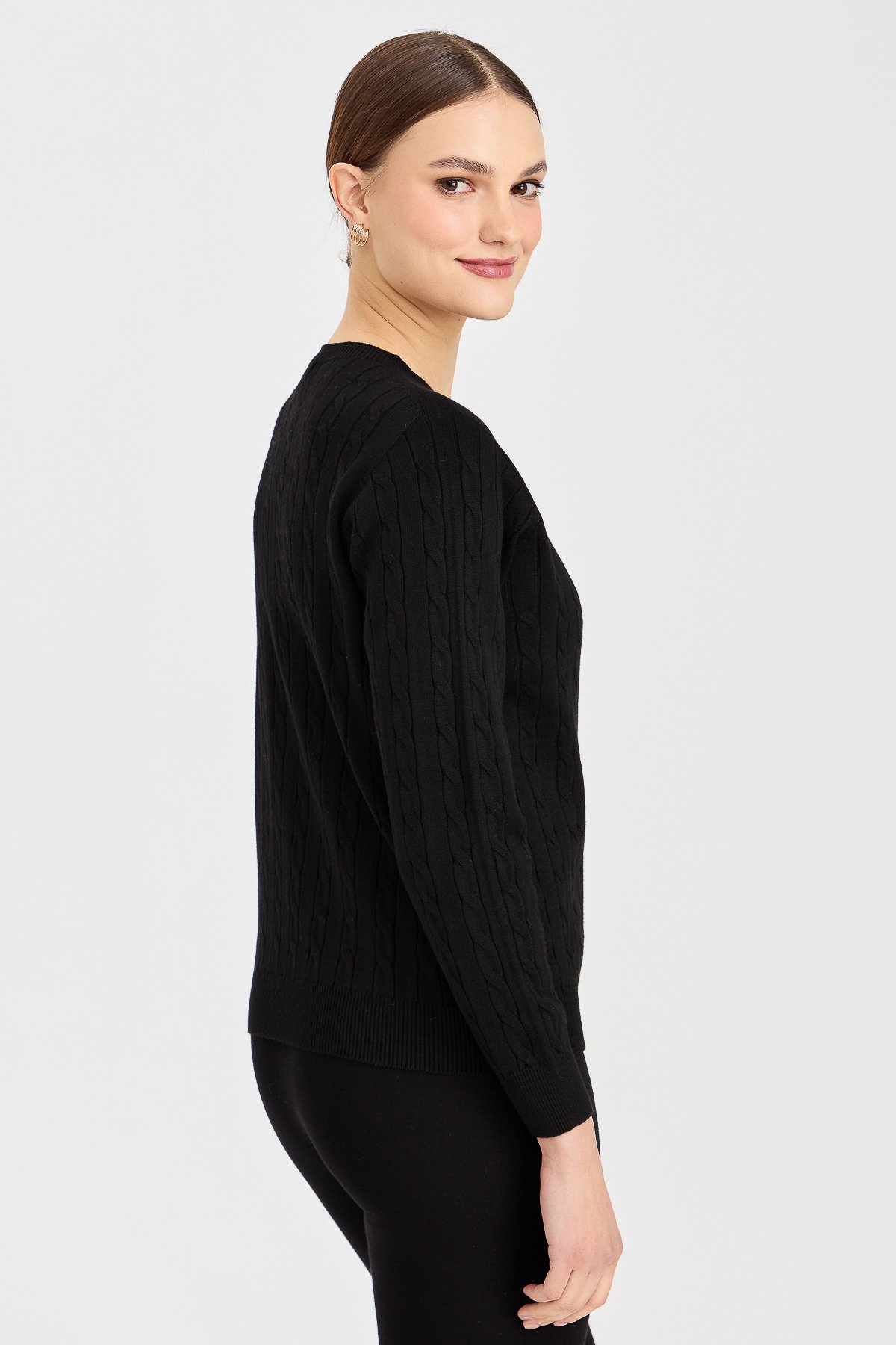 23329Kadın Sıfır Yaka Saç Örgülü Kazak Siyah