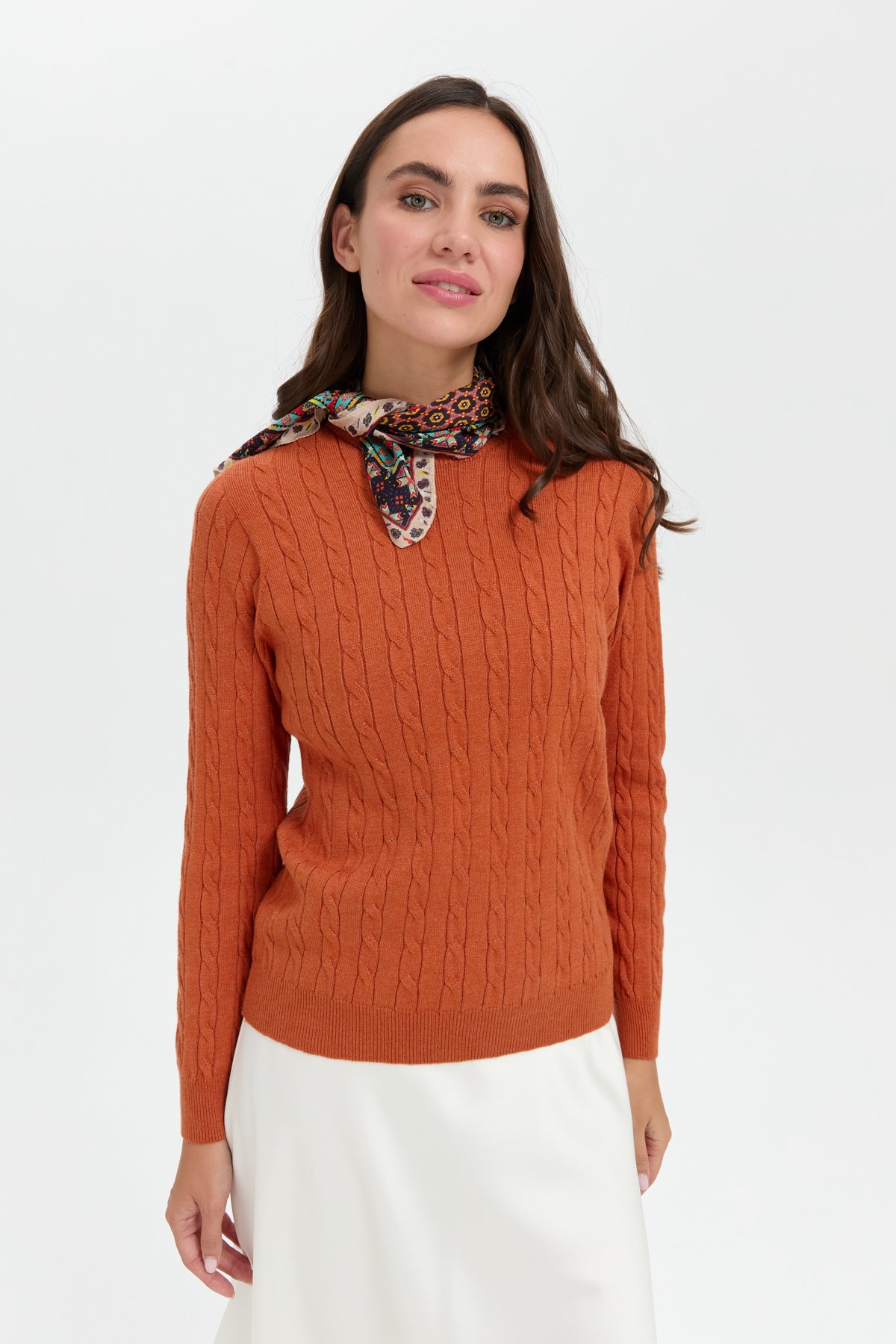 23329Kadın Sıfır Yaka Saç Örgülü Kazak Turuncu