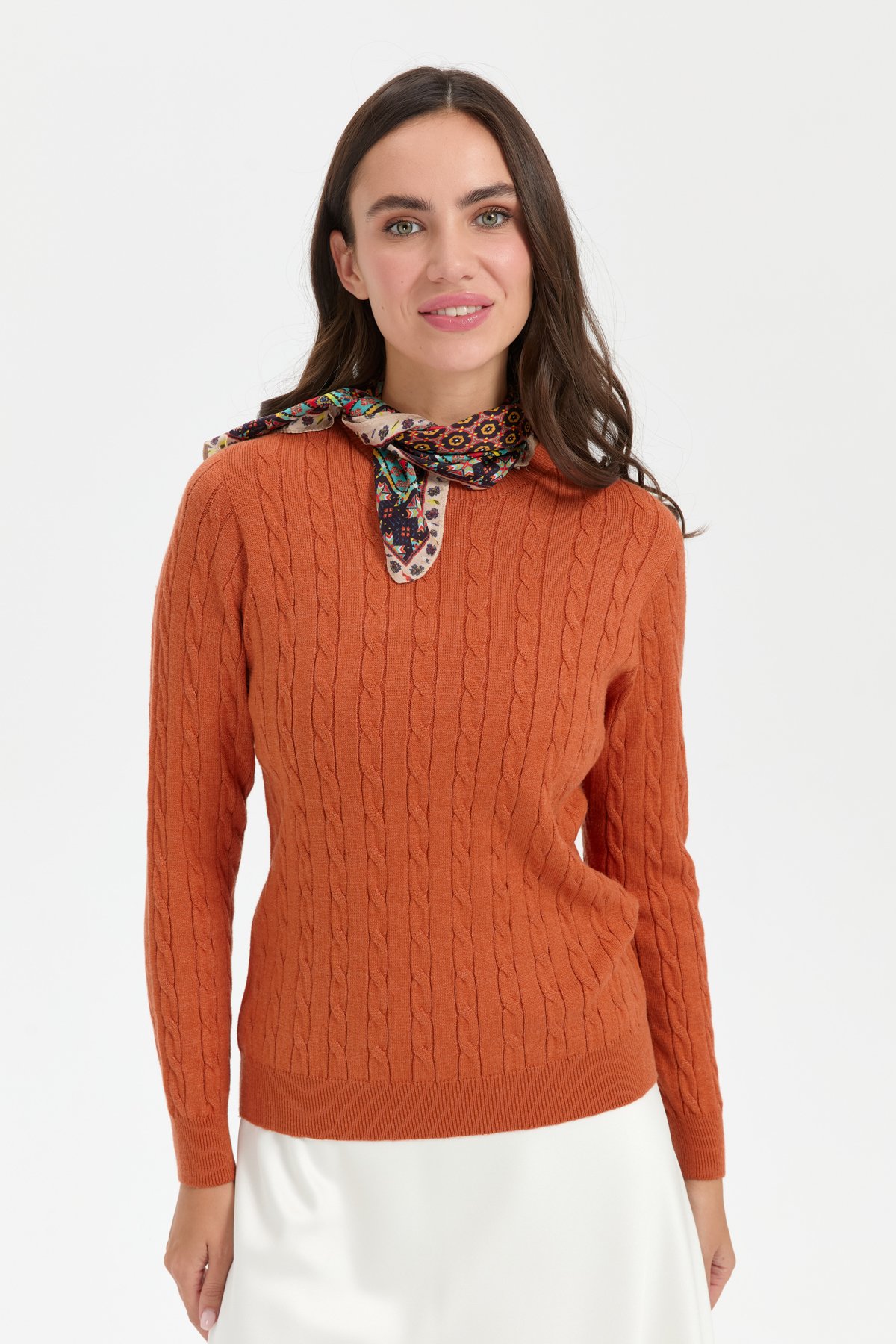 23329Kadın Sıfır Yaka Saç Örgülü Kazak Turuncu