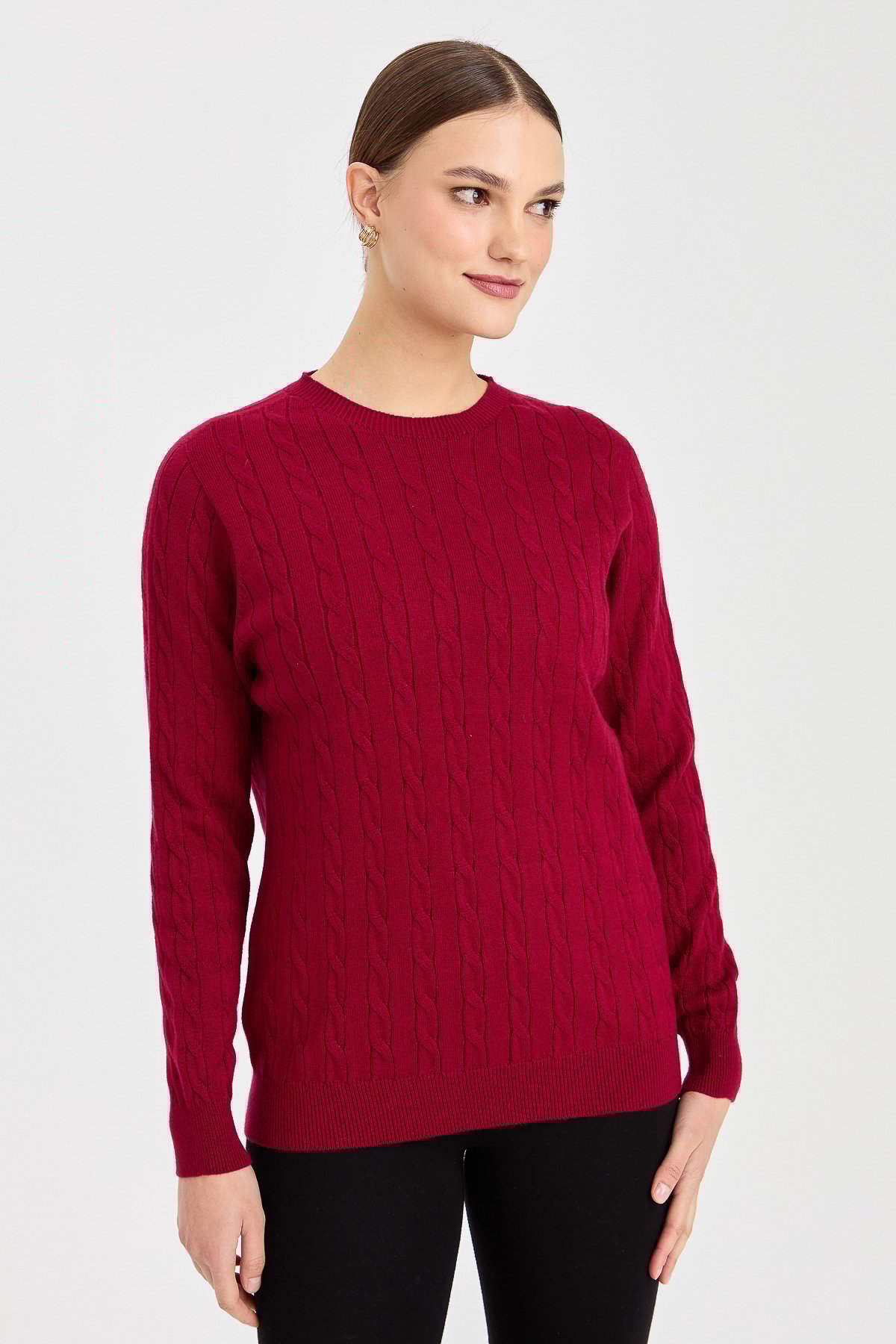 23329Kadın Sıfır Yaka Saç Örgülü Kazak Vişne