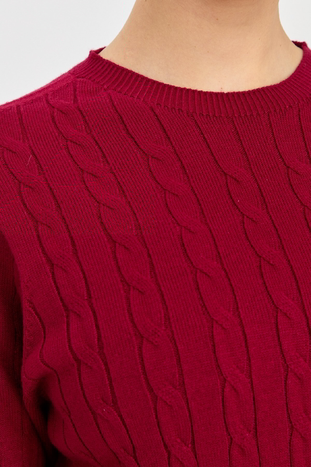 23329Kadın Sıfır Yaka Saç Örgülü Kazak Vişne