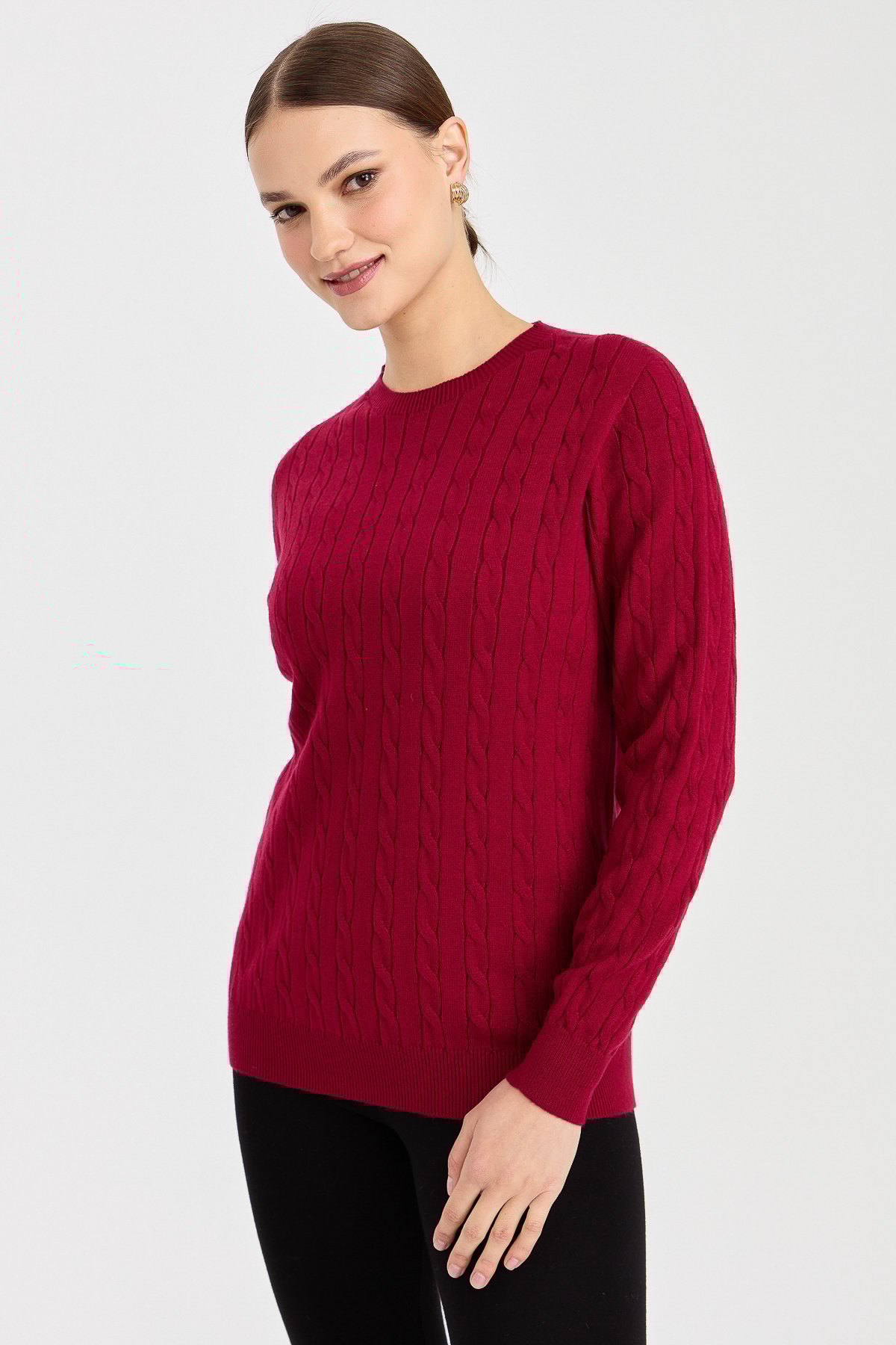 23329Kadın Sıfır Yaka Saç Örgülü Kazak Vişne