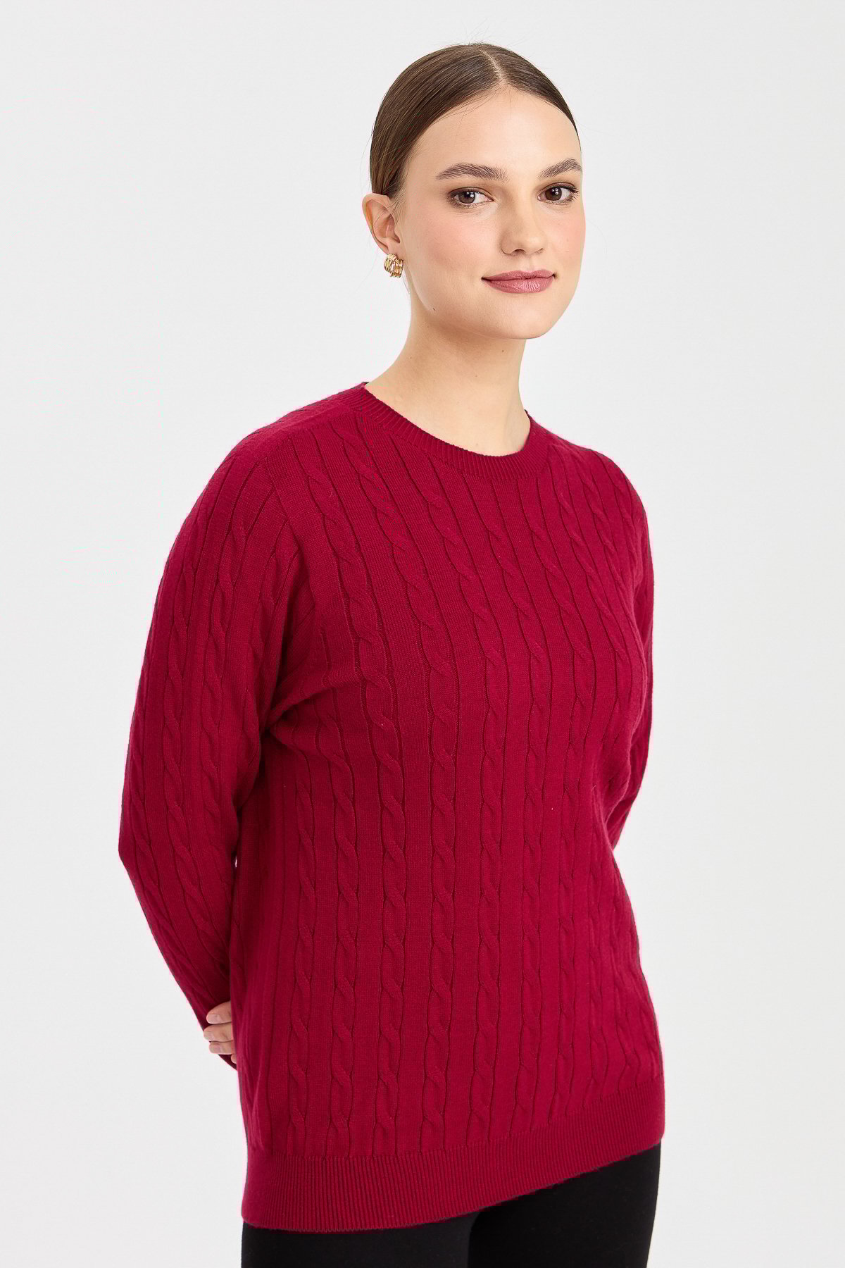 23329Kadın Sıfır Yaka Saç Örgülü Kazak Vişne