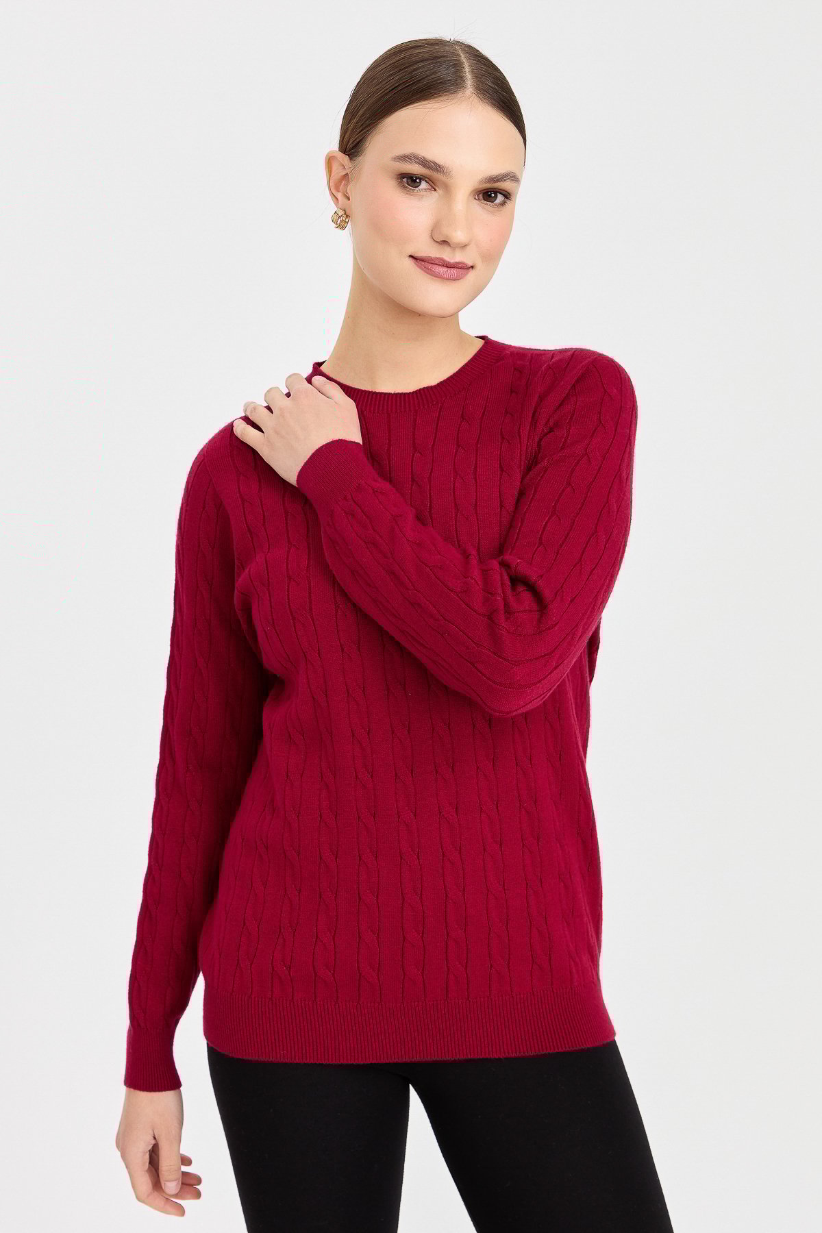 23329Kadın Sıfır Yaka Saç Örgülü Kazak Vişne