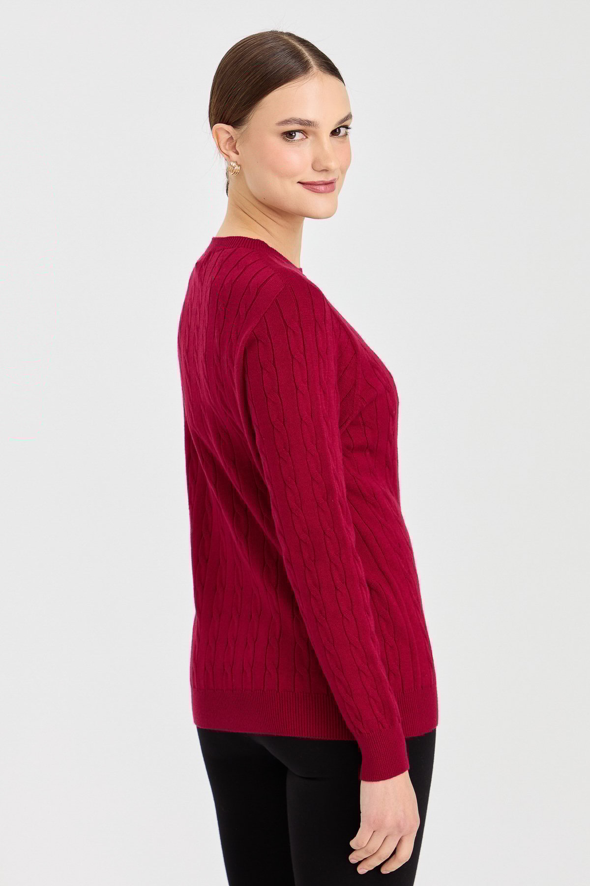 23329Kadın Sıfır Yaka Saç Örgülü Kazak Vişne