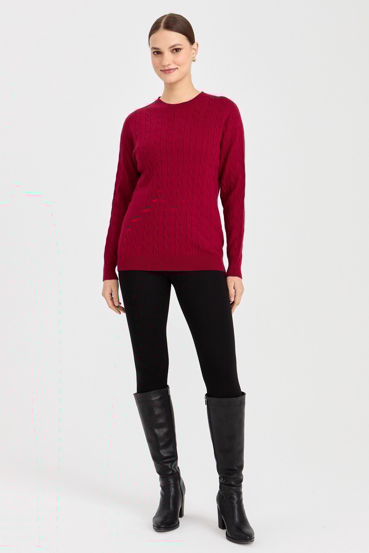 23329Kadın Sıfır Yaka Saç Örgülü Kazak Vişne