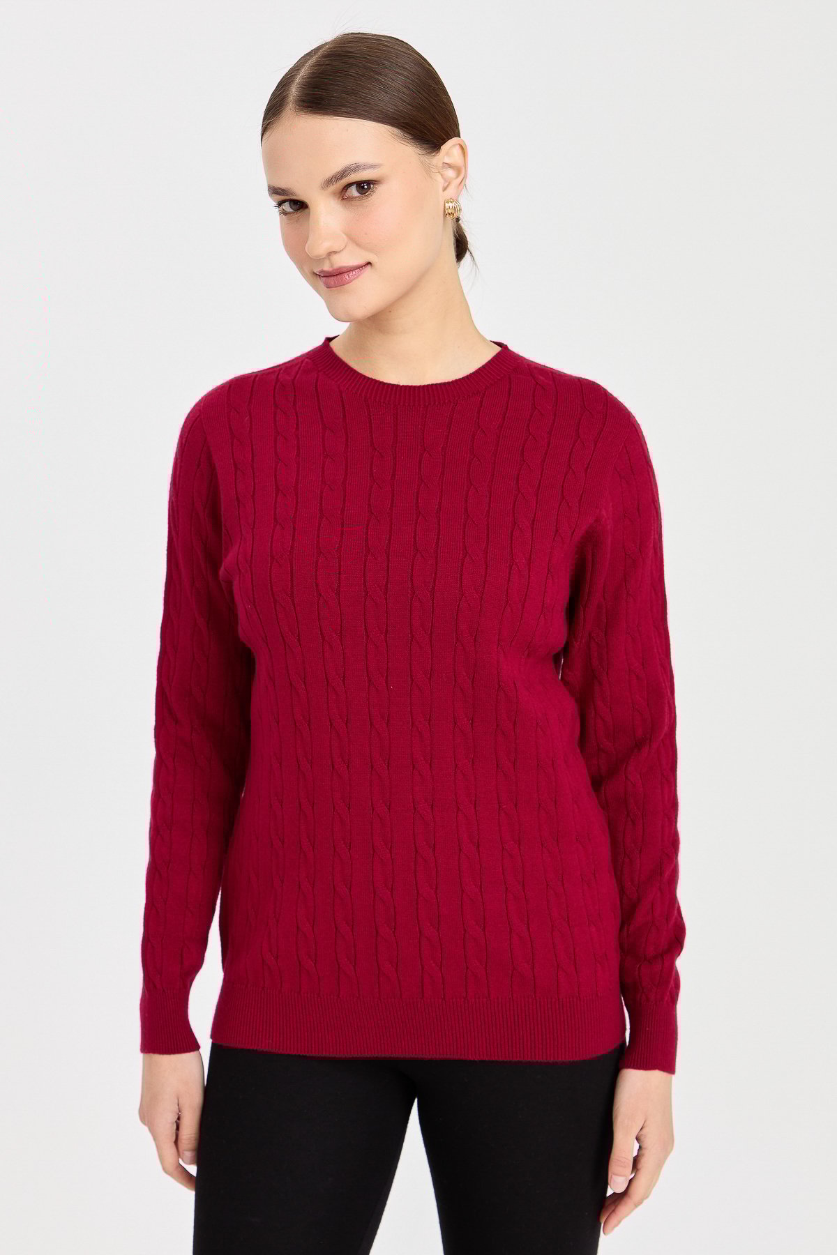 23329Kadın Sıfır Yaka Saç Örgülü Kazak Vişne