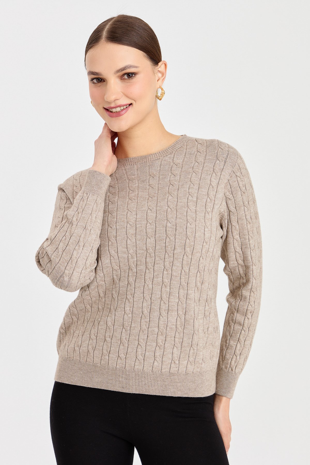 23329Kadın Sıfır Yaka Saç Örgülü Kazak Vizon