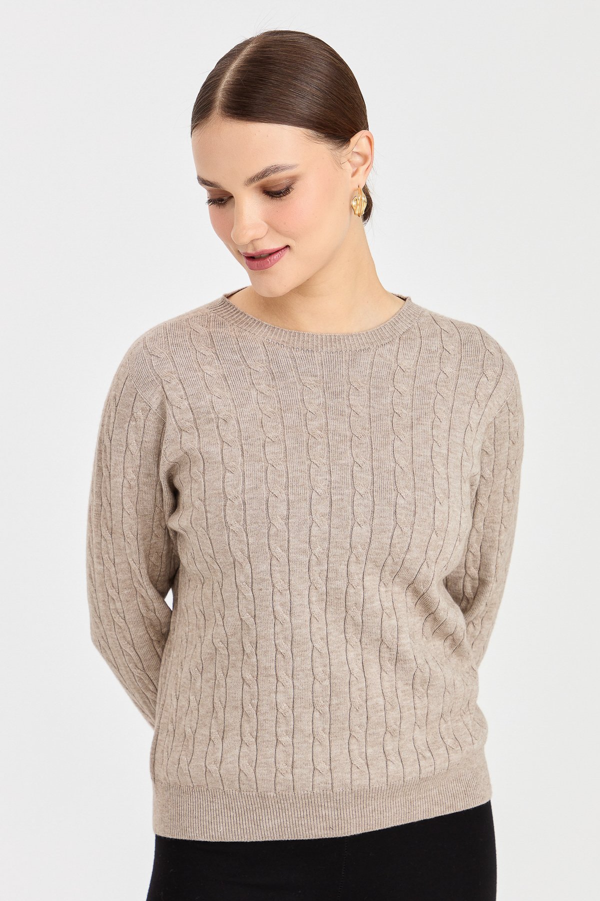 23329Kadın Sıfır Yaka Saç Örgülü Kazak Vizon