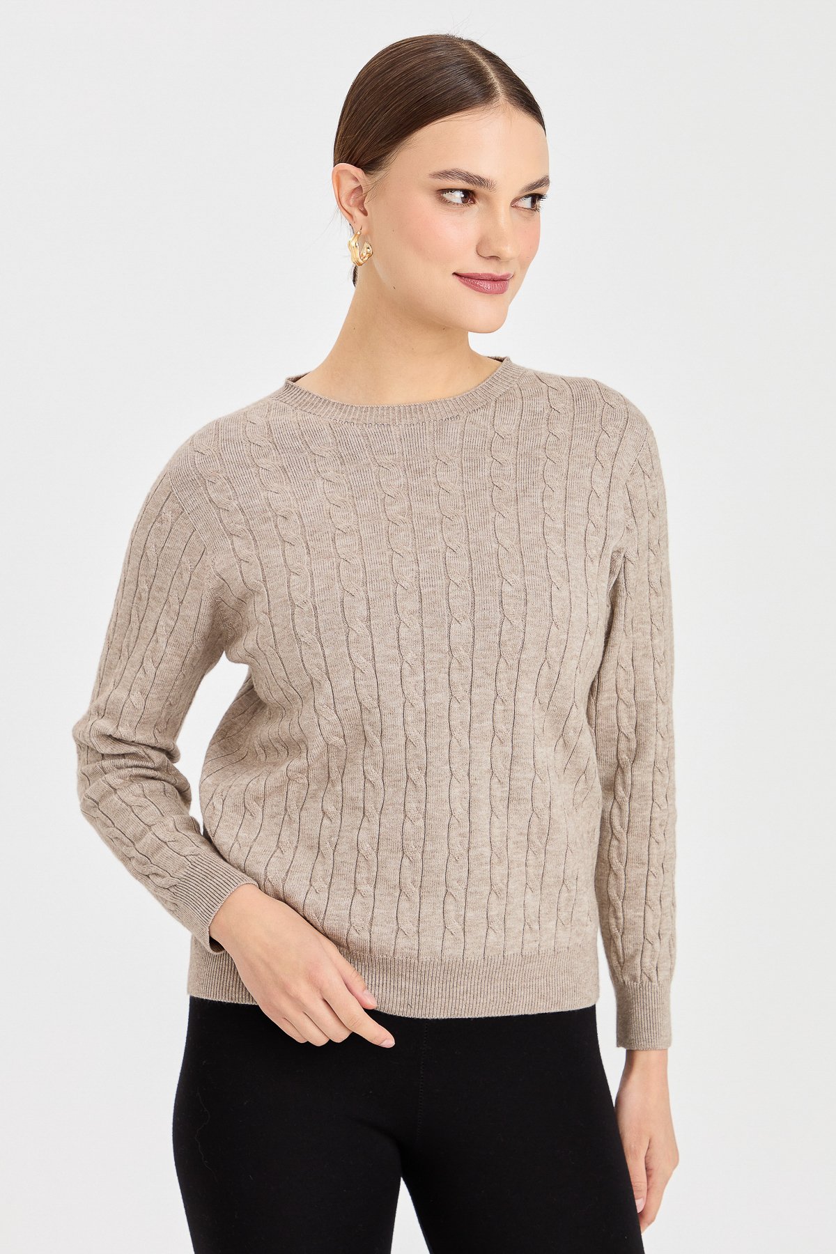 23329Kadın Sıfır Yaka Saç Örgülü Kazak Vizon