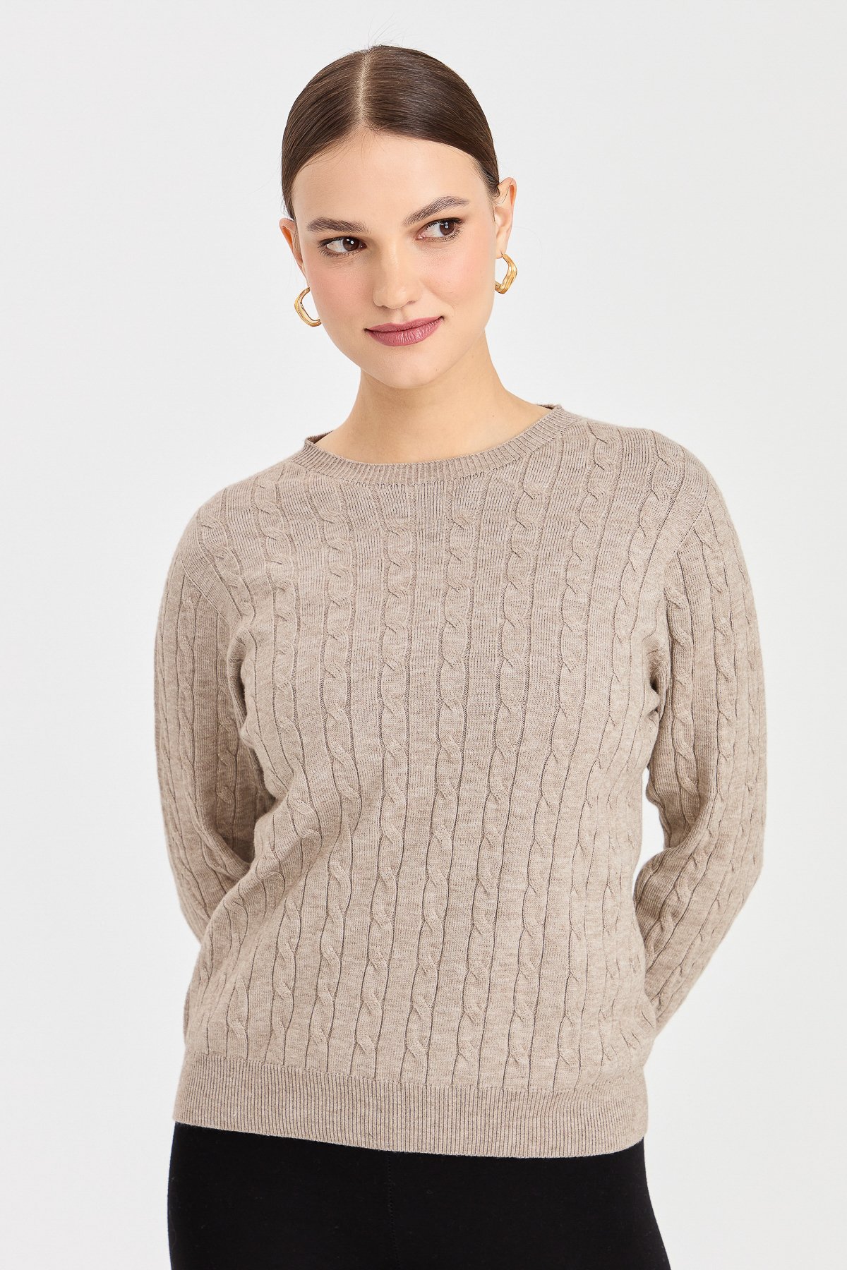 23329Kadın Sıfır Yaka Saç Örgülü Kazak Vizon