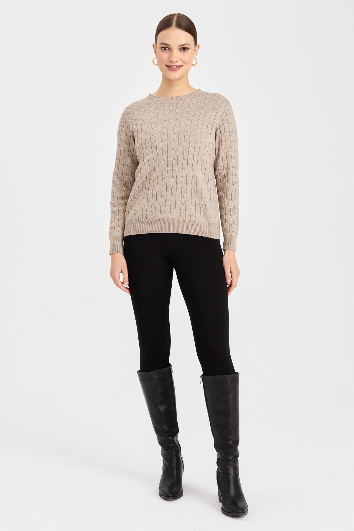 23329Kadın Sıfır Yaka Saç Örgülü Kazak Vizon