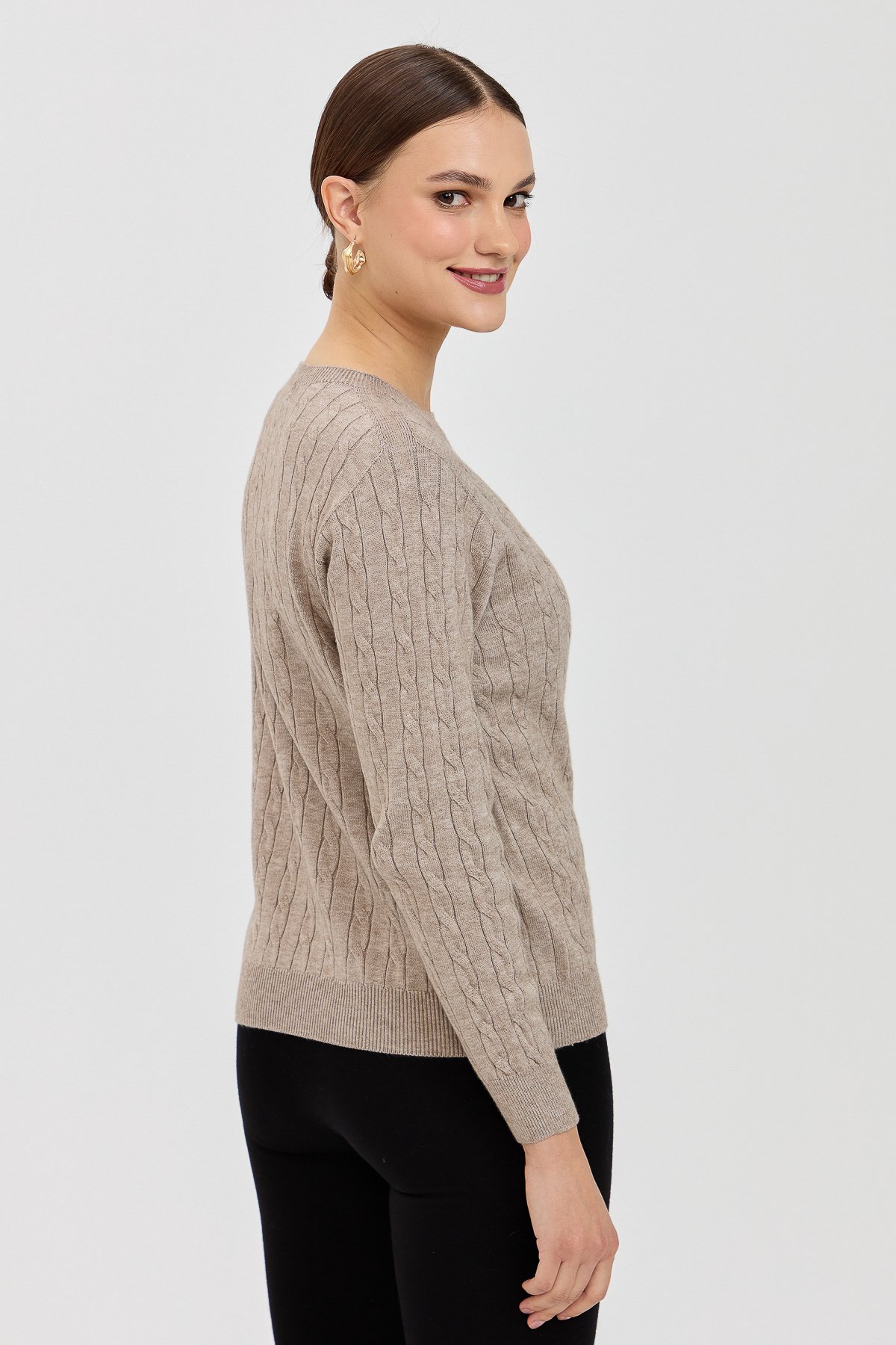 23329Kadın Sıfır Yaka Saç Örgülü Kazak Vizon