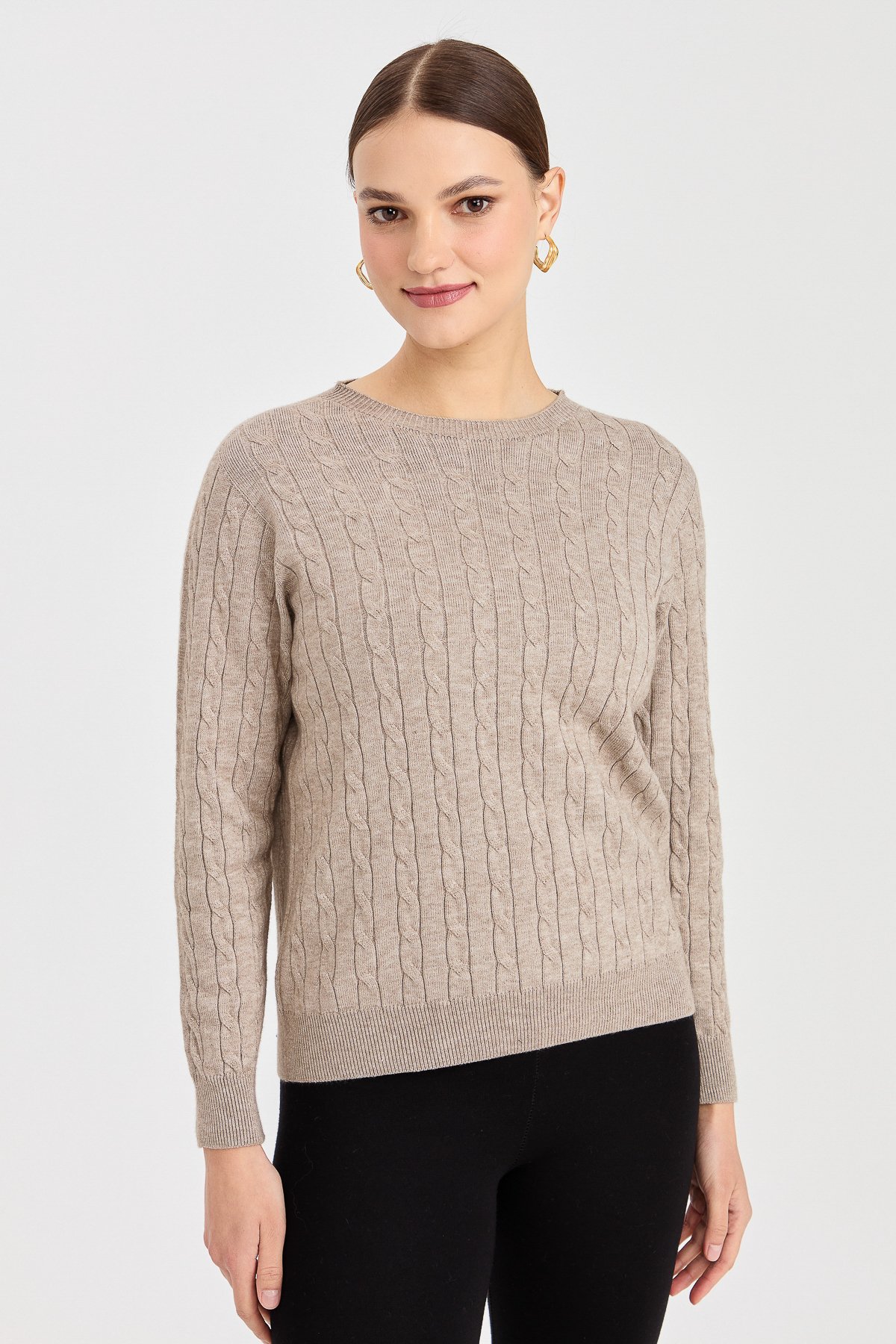 23329Kadın Sıfır Yaka Saç Örgülü Kazak Vizon