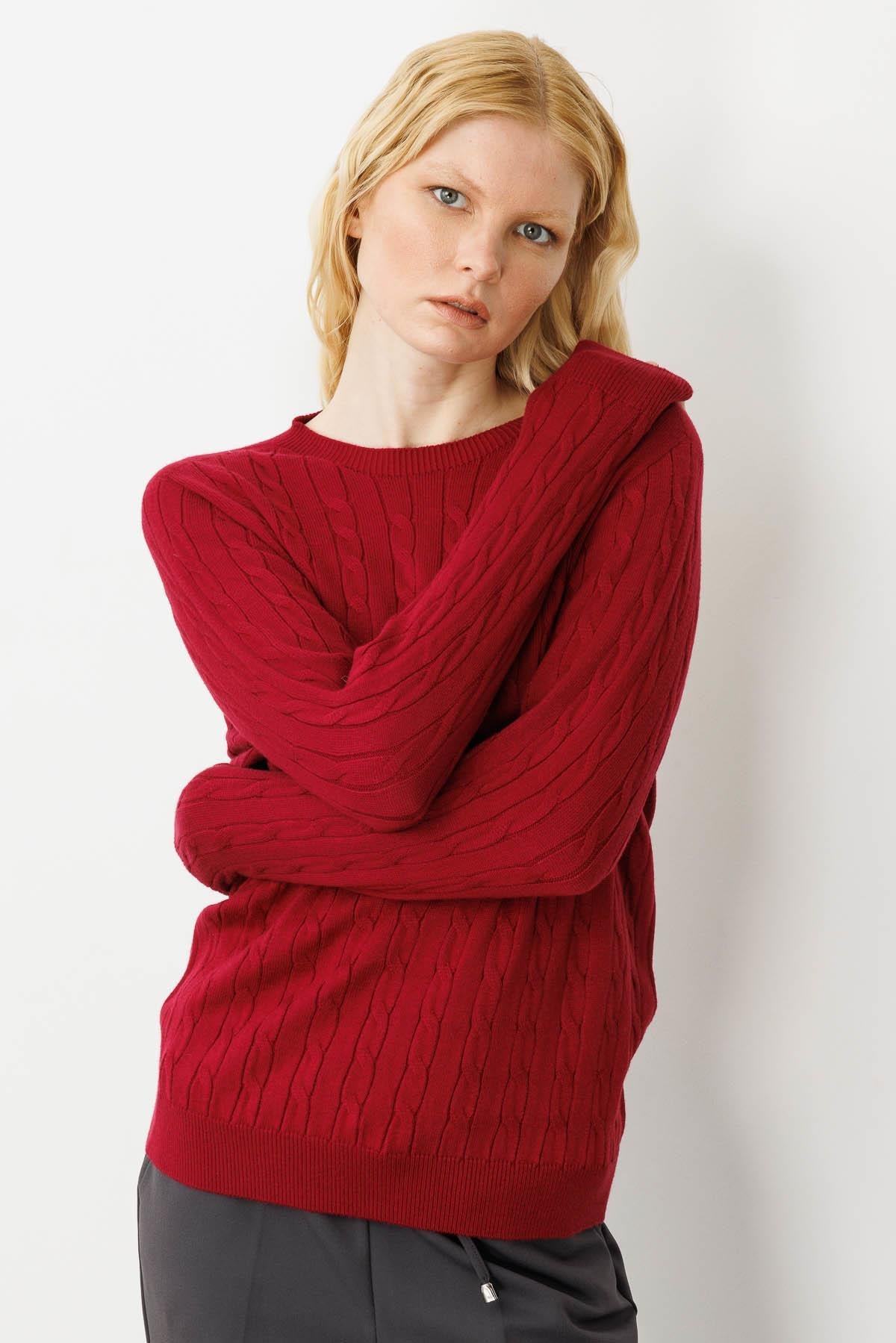 23329Kadın Sıfır Yaka Saç Örgülü Kazak V.Çürüğü