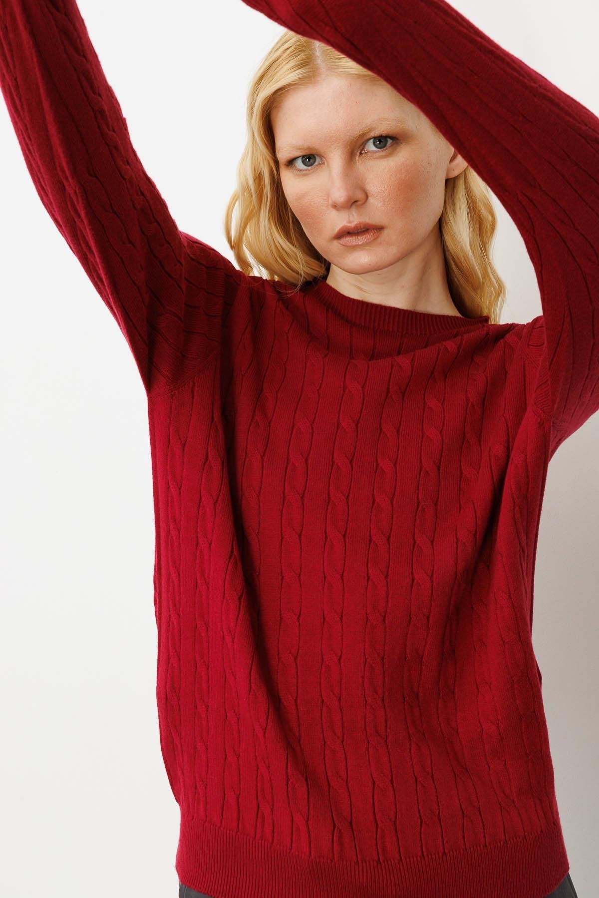 23329Kadın Sıfır Yaka Saç Örgülü Kazak V.Çürüğü