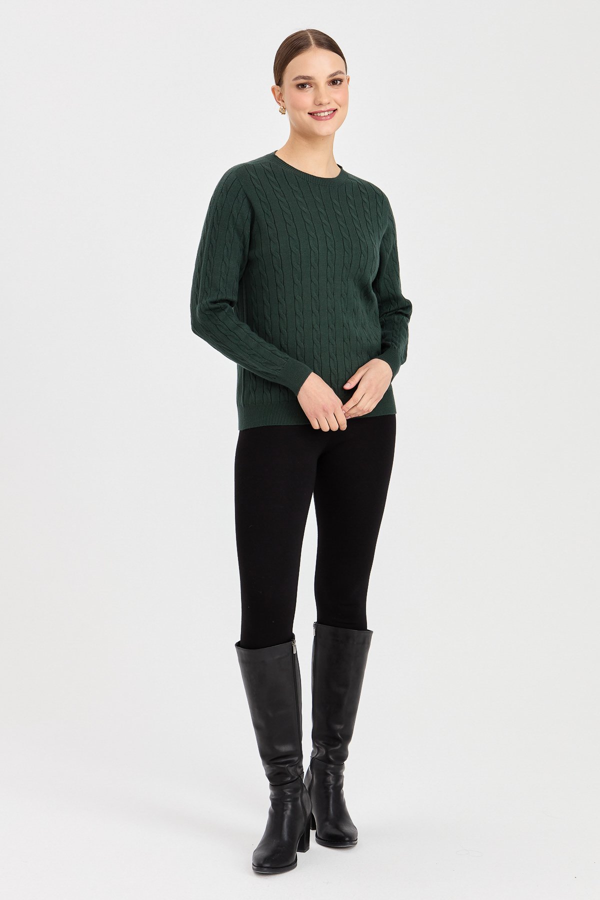 23329Kadın Sıfır Yaka Saç Örgülü Kazak Yeşil