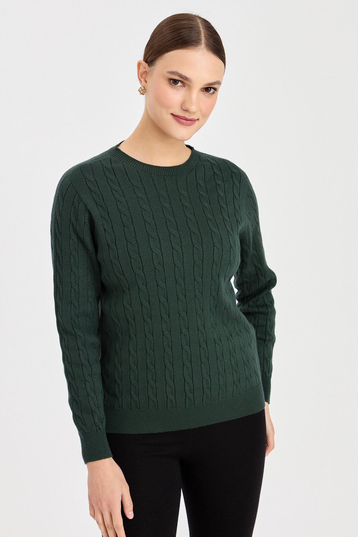 23329Kadın Sıfır Yaka Saç Örgülü Kazak Yeşil