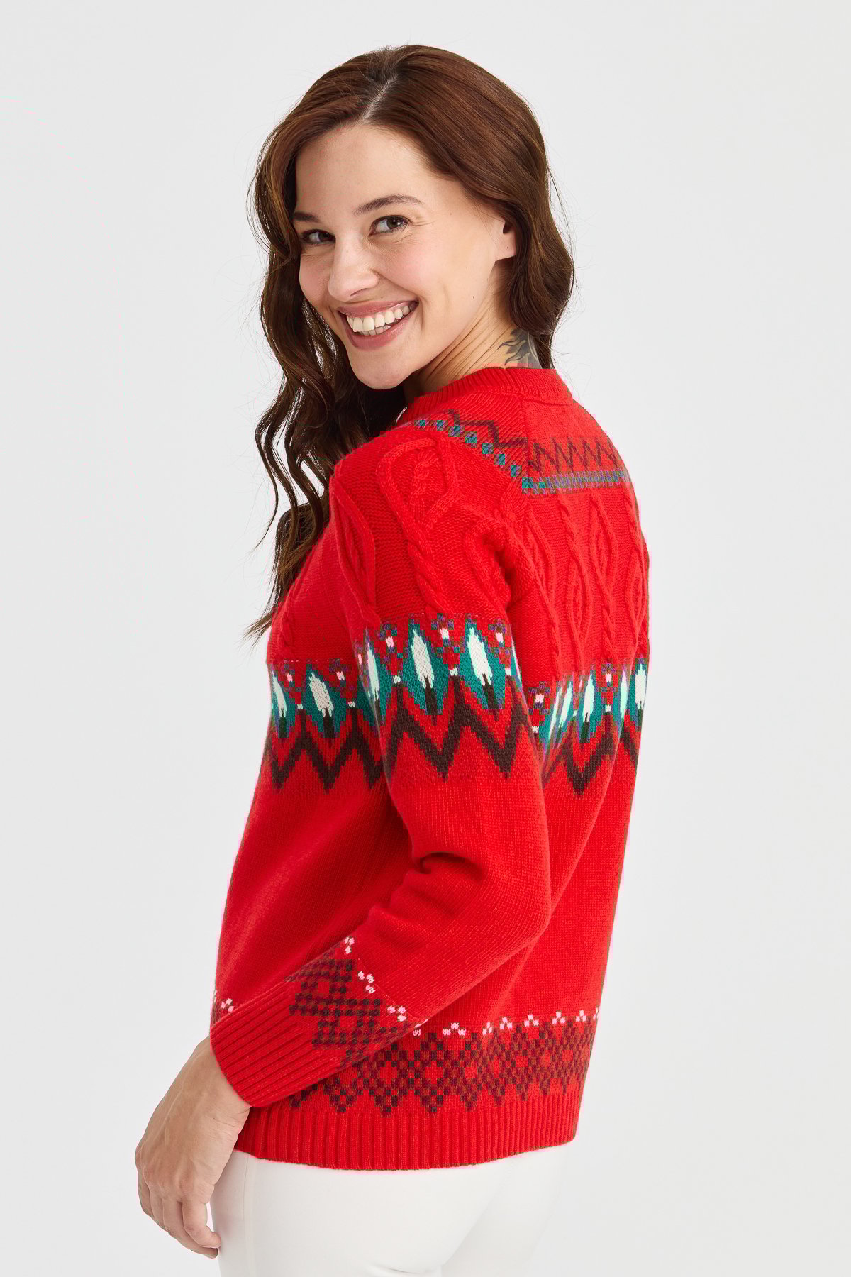 23015Kadın Sıfır Yaka Saç Yürütmeli Yün Kazak Mercan