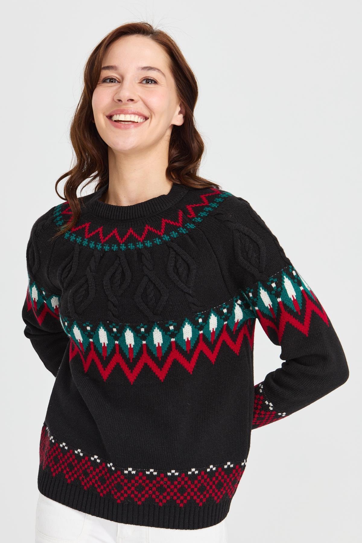 23015Kadın Sıfır Yaka Saç Yürütmeli Yün Kazak Siyah