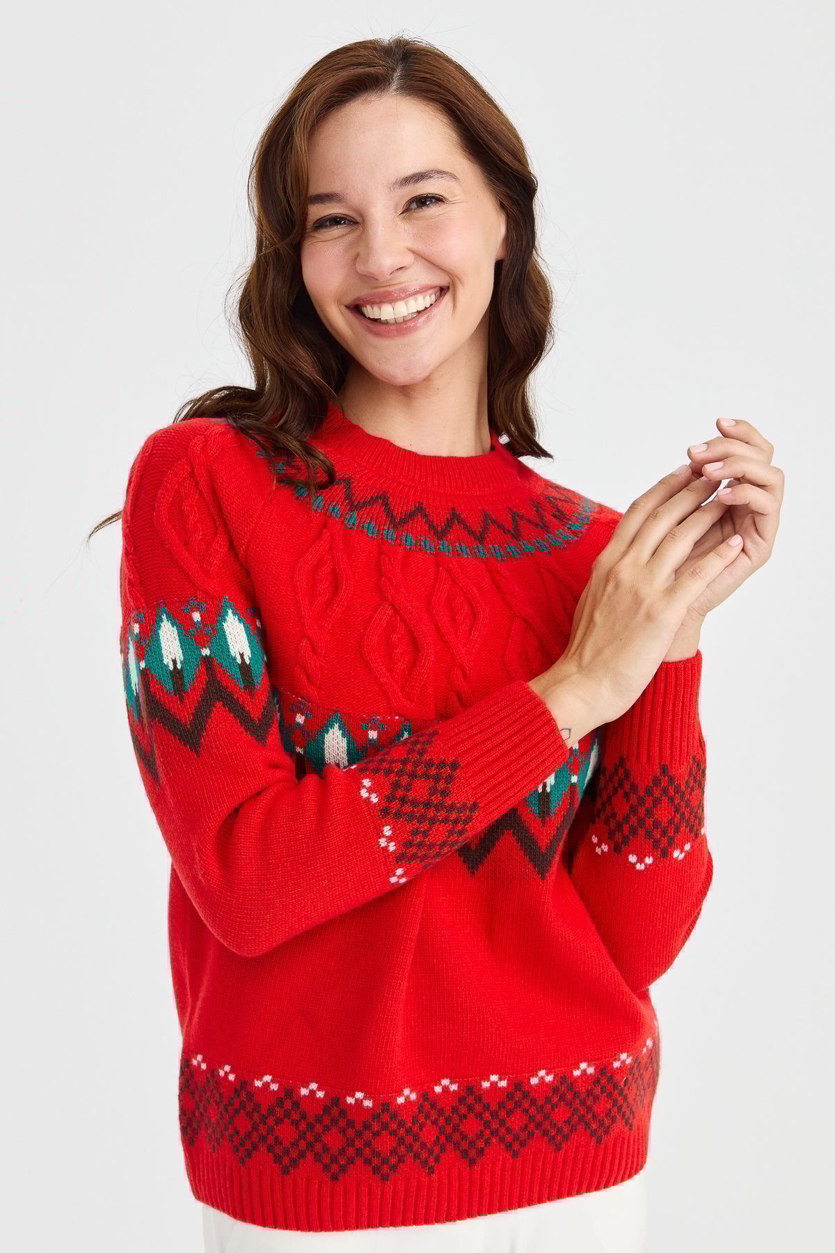 23015Kadın Sıfır Yaka Saç Yürütmeli Yün Kazak Mercan