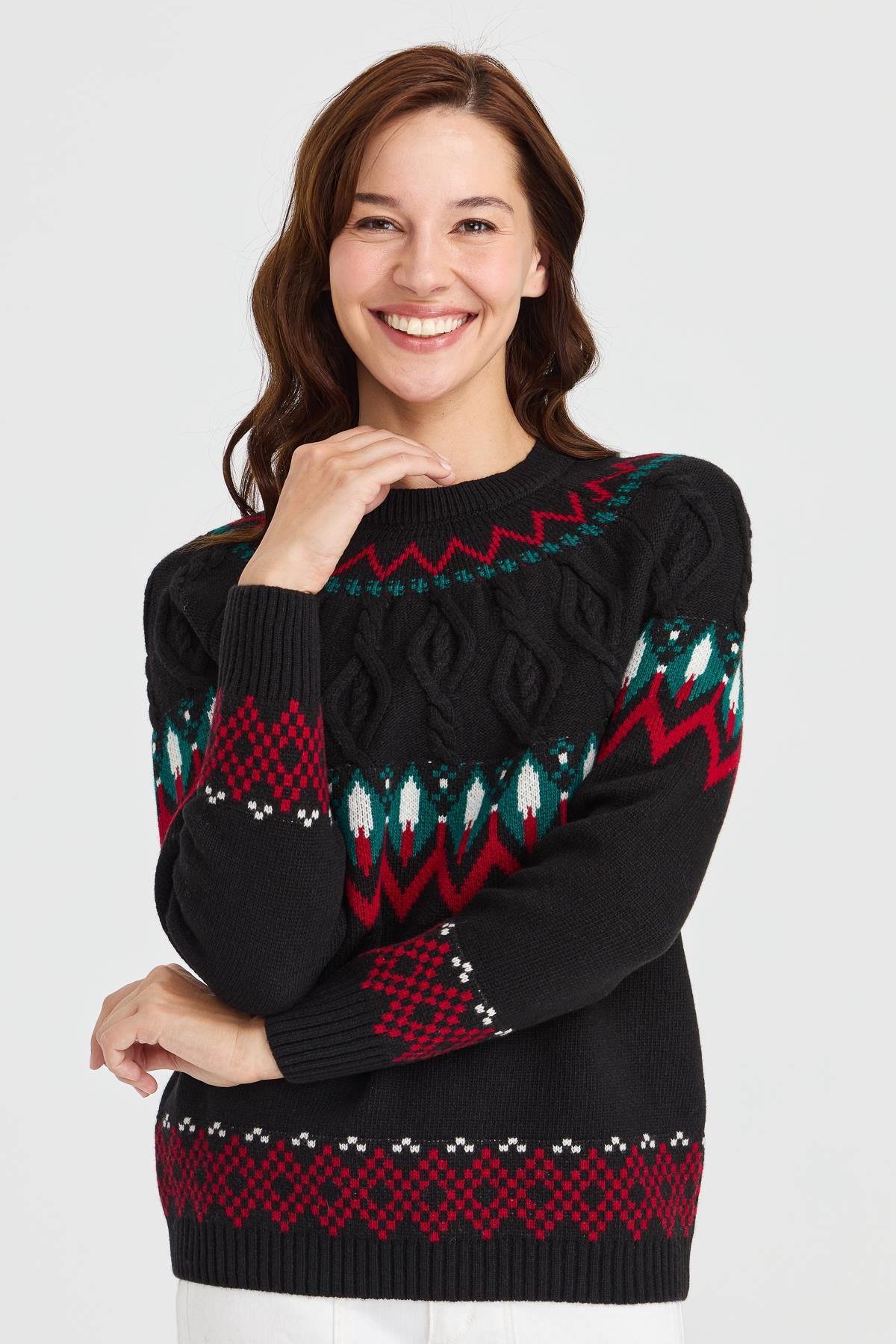 23015Kadın Sıfır Yaka Saç Yürütmeli Yün Kazak Siyah