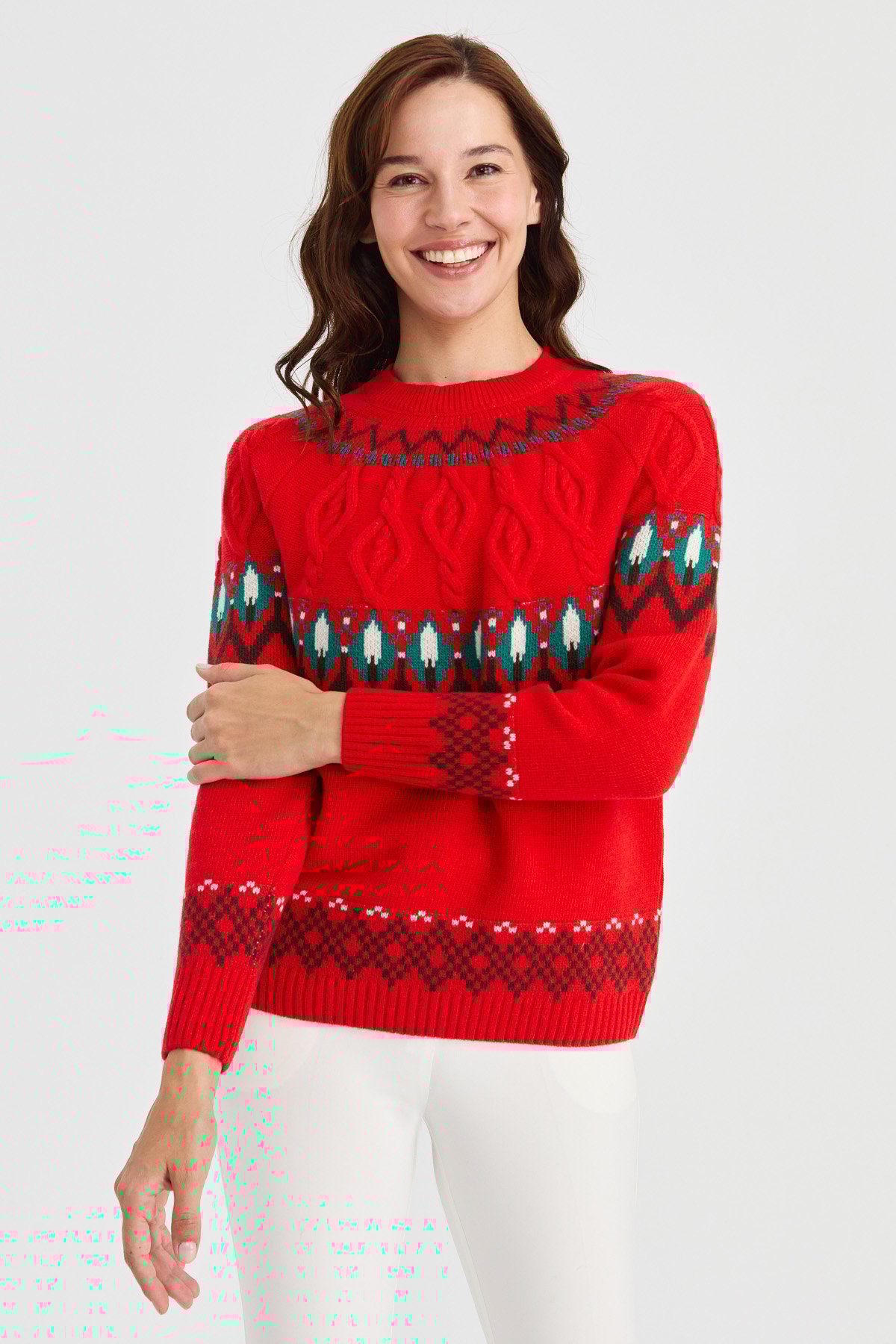 23015Kadın Sıfır Yaka Saç Yürütmeli Yün Kazak Mercan