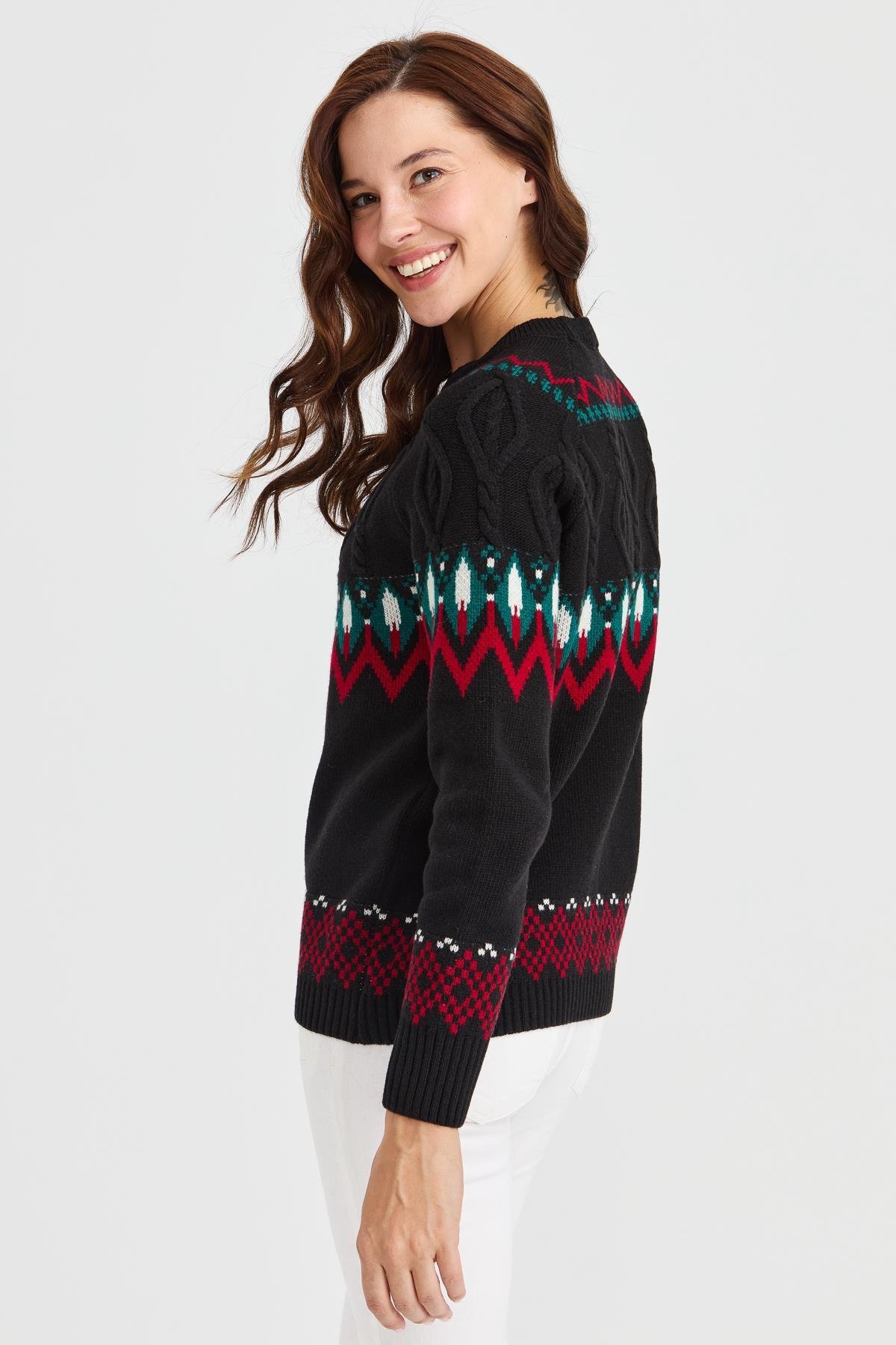 23015Kadın Sıfır Yaka Saç Yürütmeli Yün Kazak Siyah