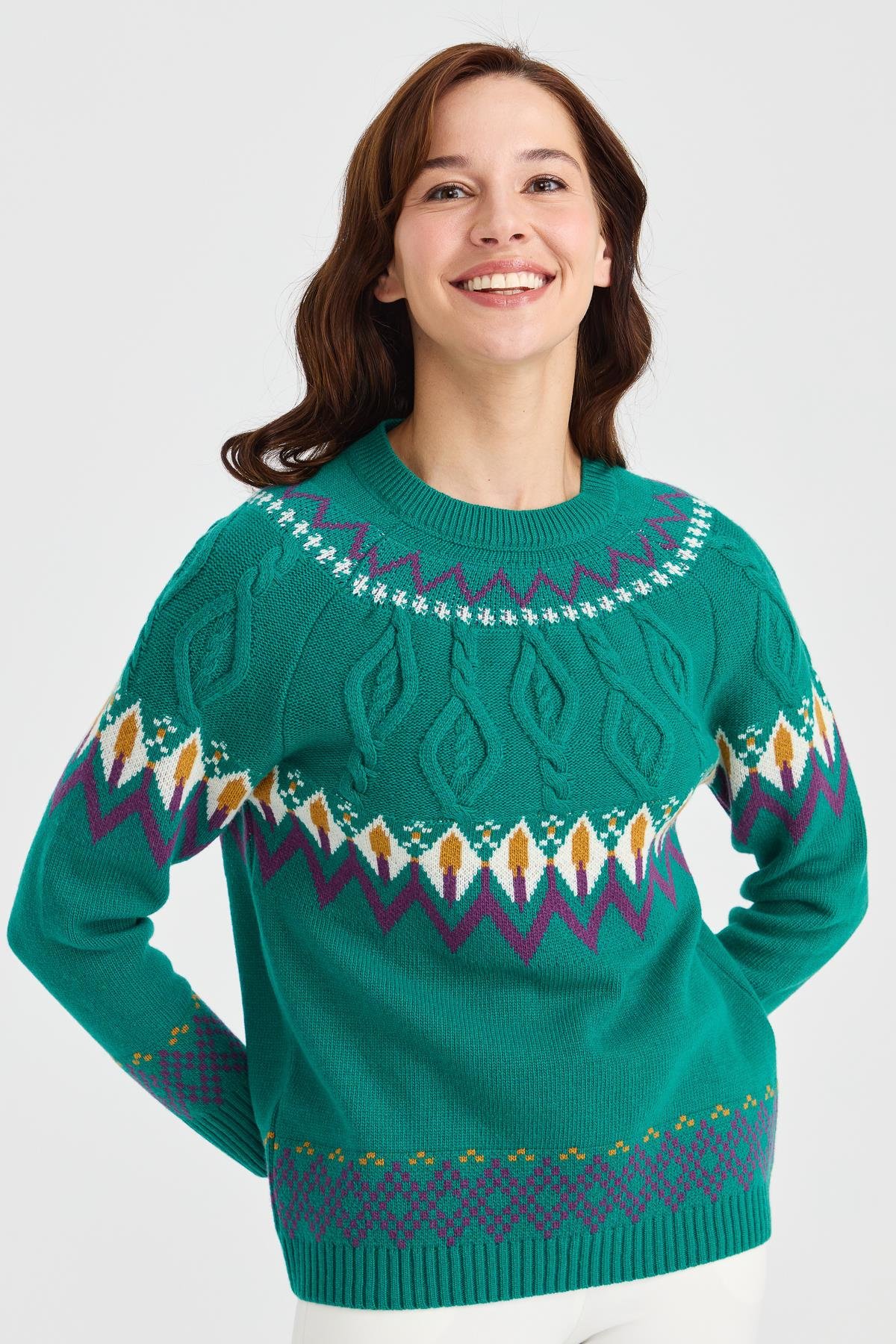 23015Kadın Sıfır Yaka Saç Yürütmeli Yün Kazak A.Ö.Başı