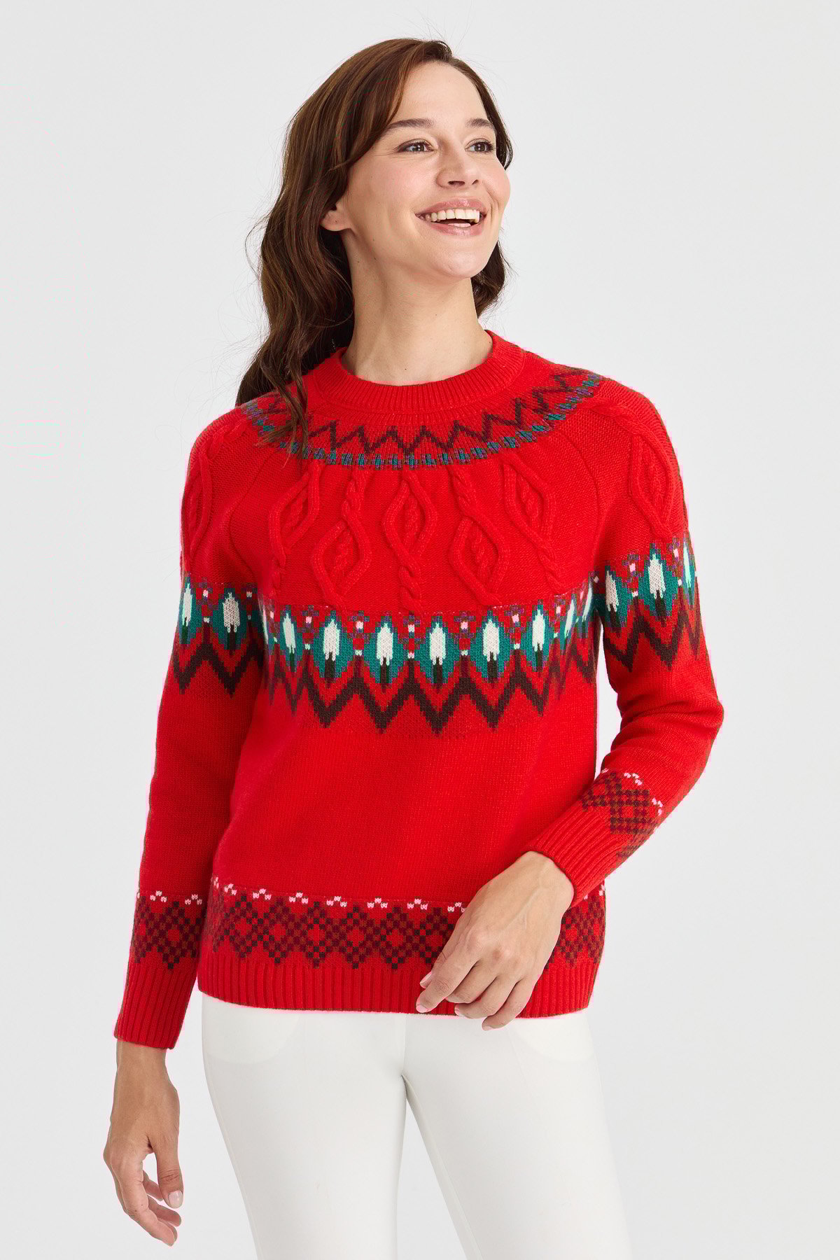 23015Kadın Sıfır Yaka Saç Yürütmeli Yün Kazak Mercan