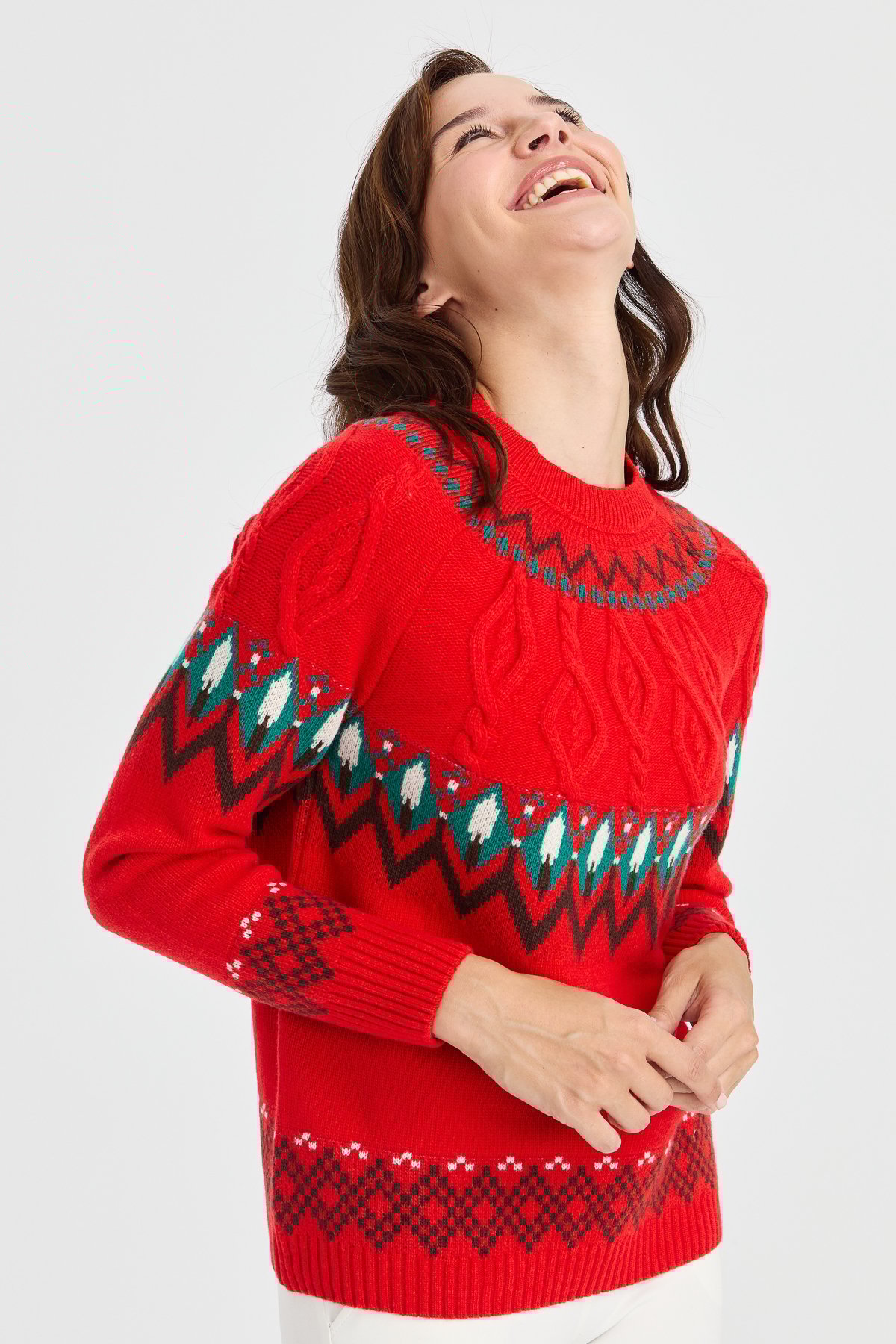 23015Kadın Sıfır Yaka Saç Yürütmeli Yün Kazak Mercan