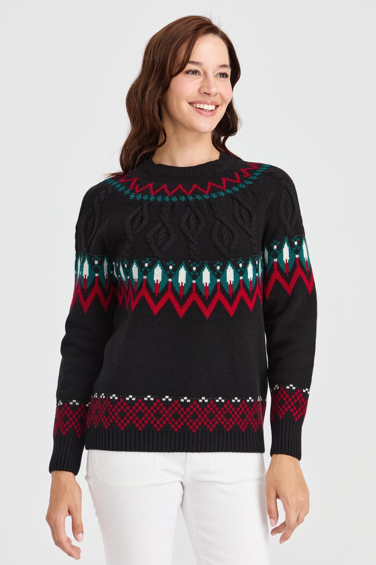 23015Kadın Sıfır Yaka Saç Yürütmeli Yün Kazak Siyah