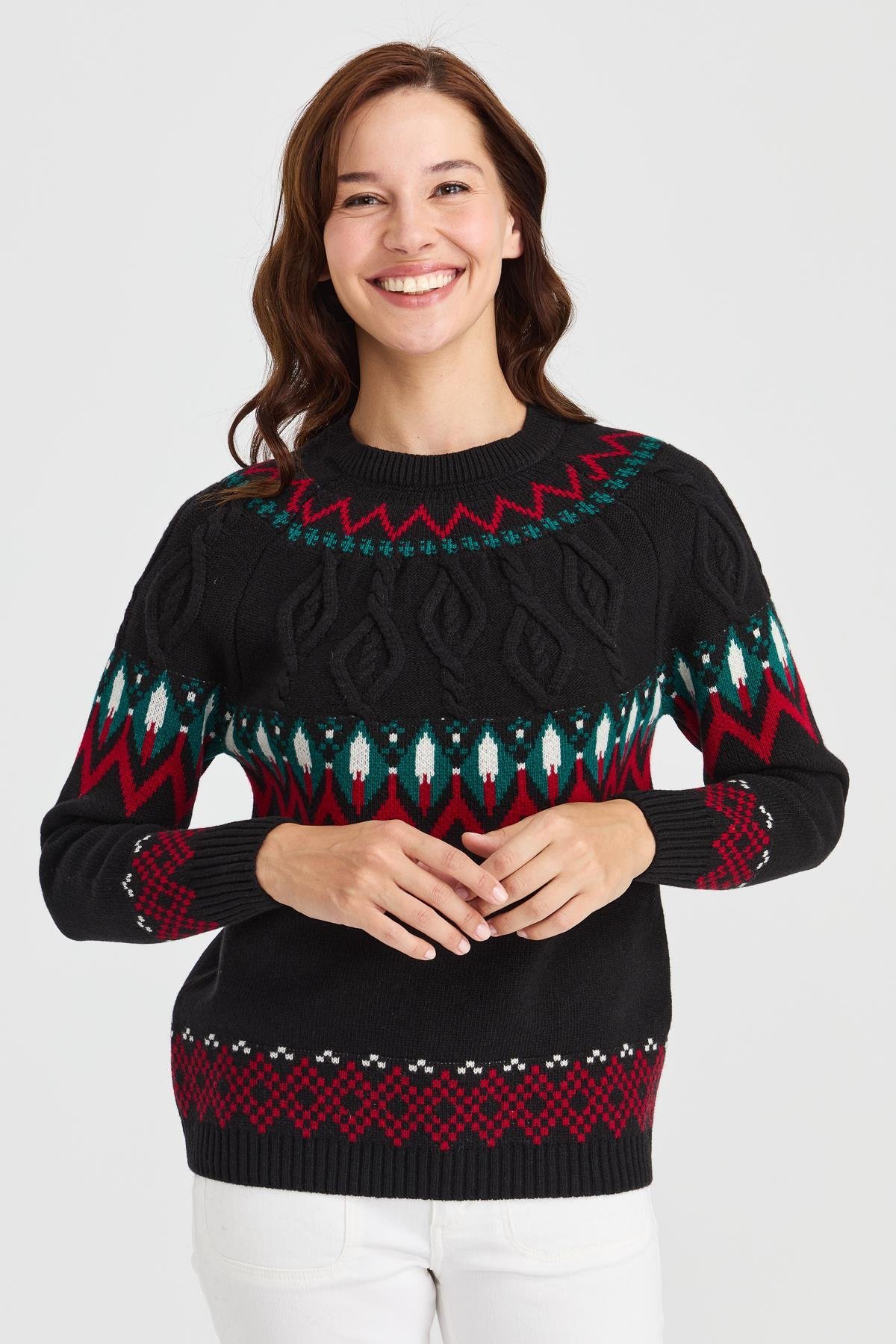 23015Kadın Sıfır Yaka Saç Yürütmeli Yün Kazak Siyah