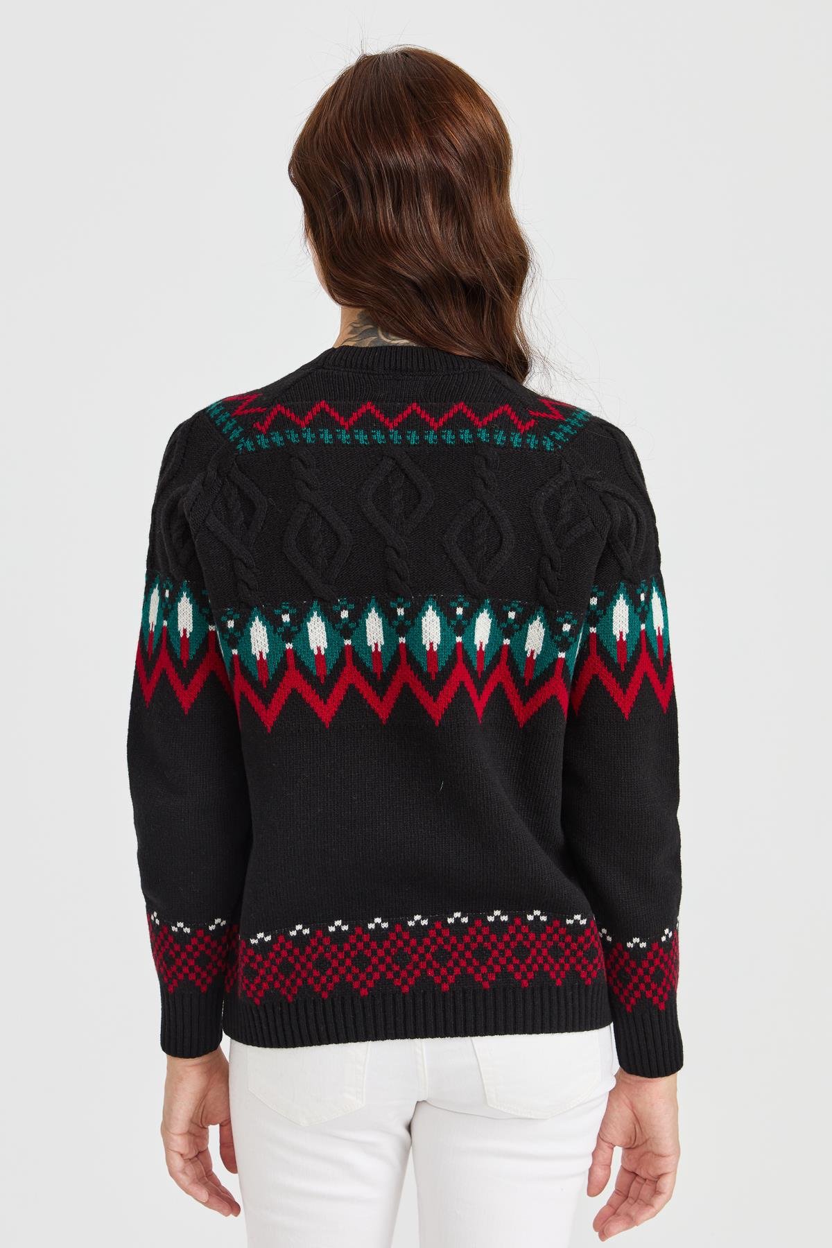 23015Kadın Sıfır Yaka Saç Yürütmeli Yün Kazak Siyah