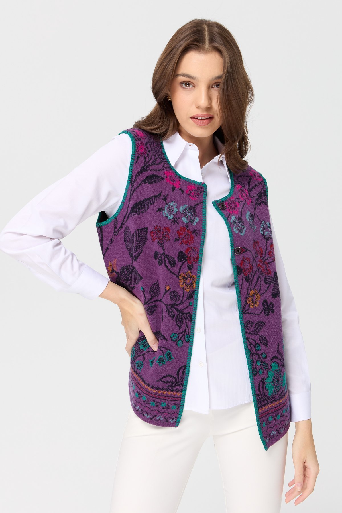 23119Kadın Sıfır Yaka Sarmaşık Desenli Yün Yelek A.Mor