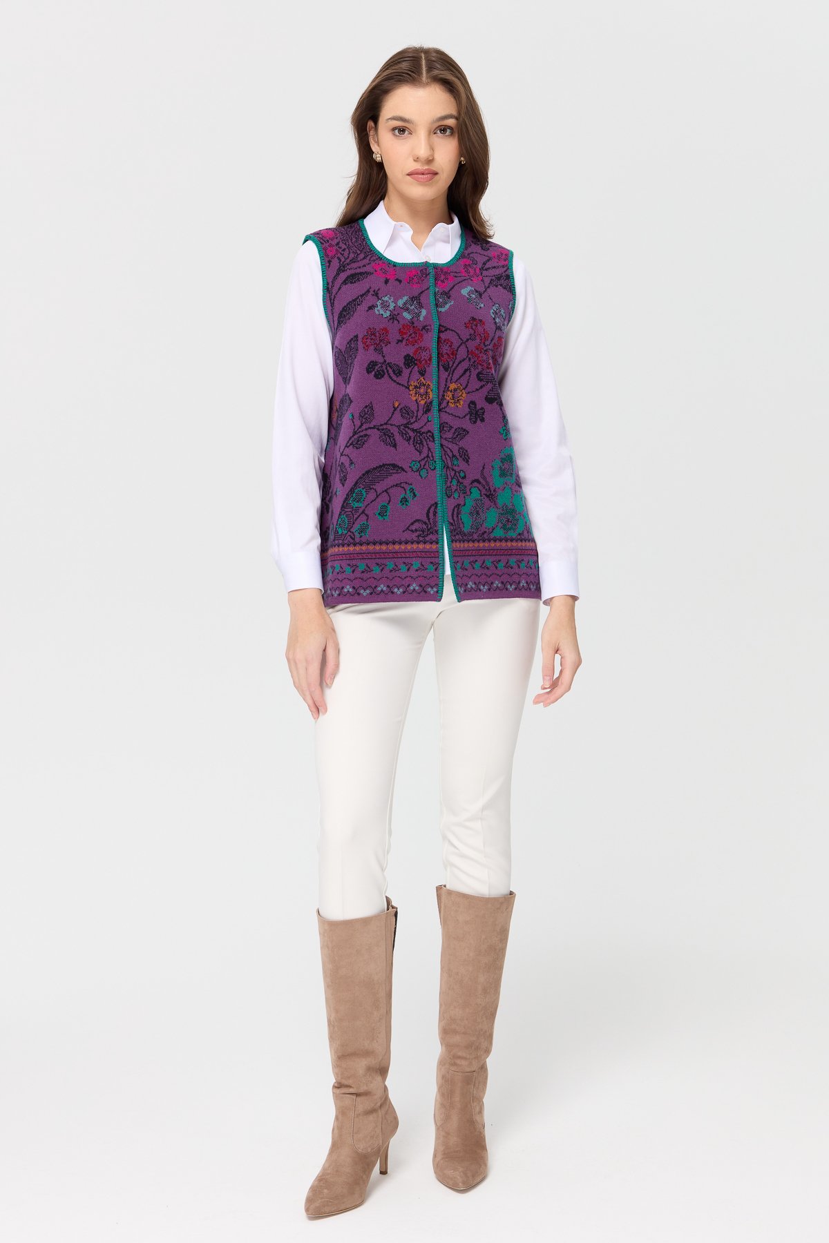 23119Kadın Sıfır Yaka Sarmaşık Desenli Yün Yelek A.Mor