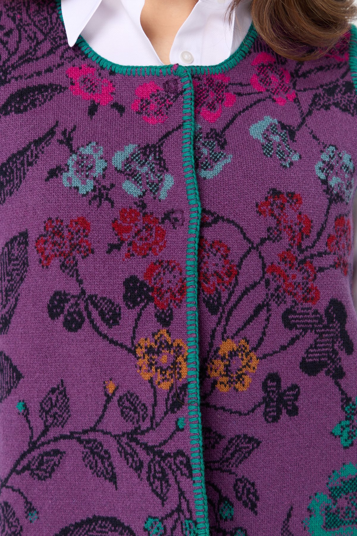 23119Kadın Sıfır Yaka Sarmaşık Desenli Yün Yelek A.Mor
