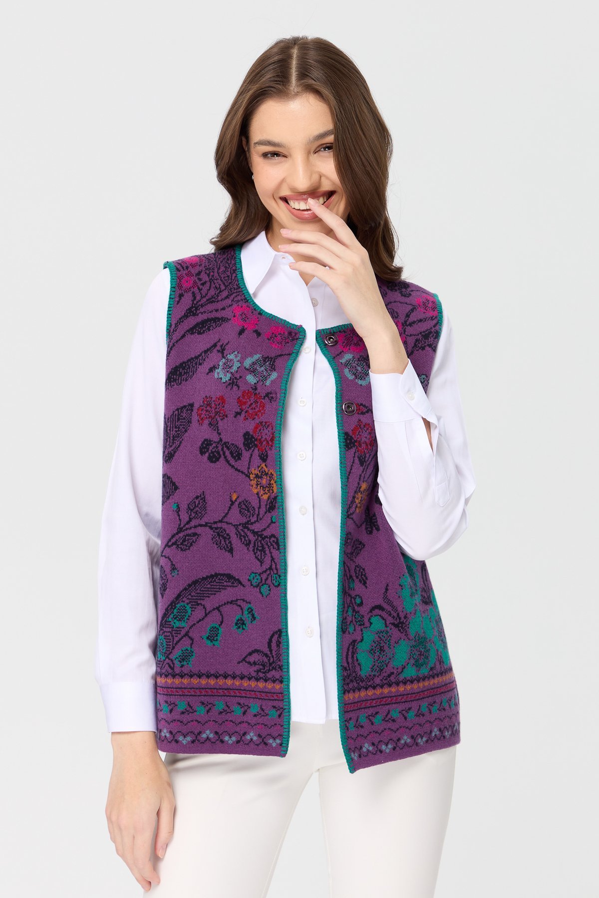 23119Kadın Sıfır Yaka Sarmaşık Desenli Yün Yelek A.Mor